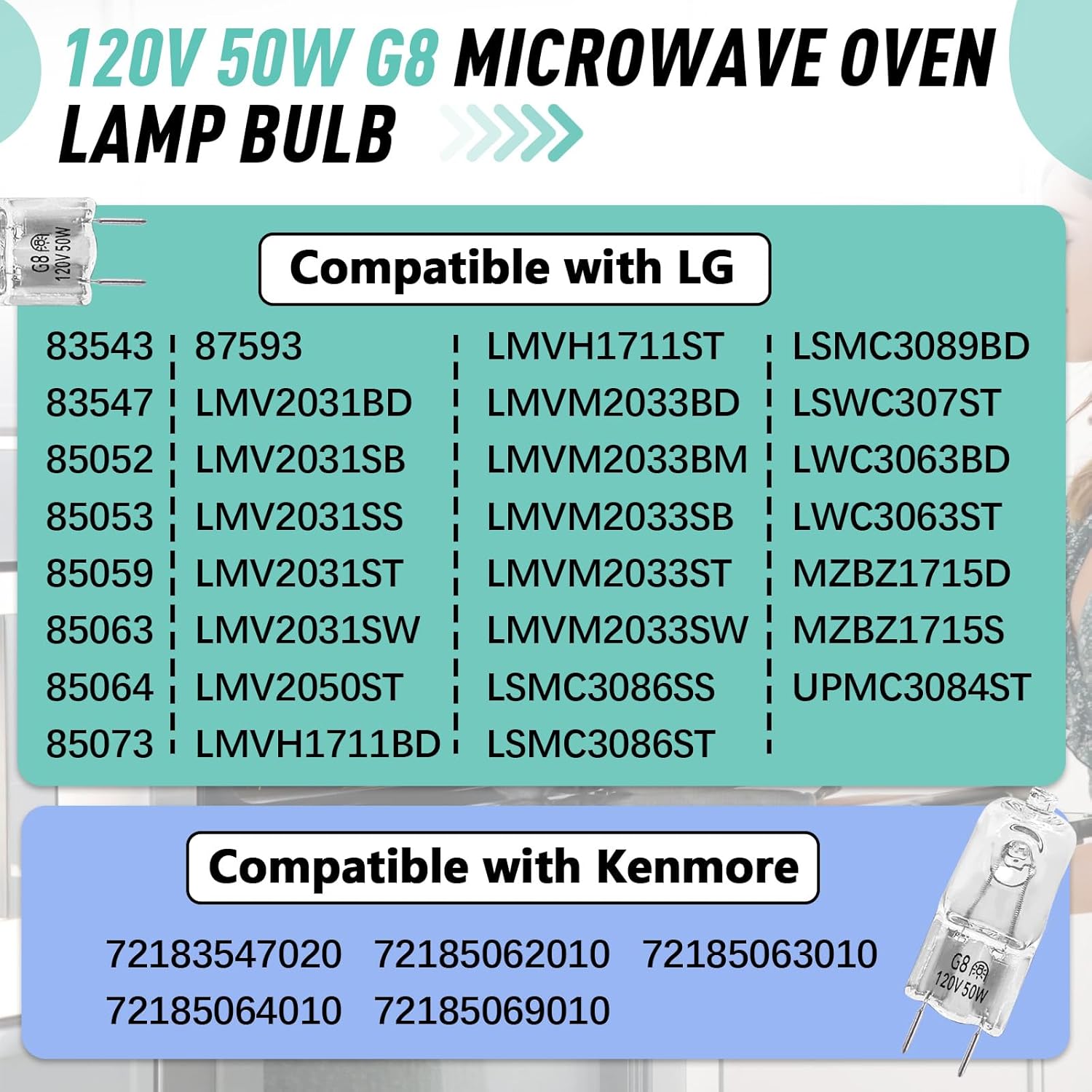 2PCS 6912A40002J Microwave Halogen Light Bulb Compatible with LG Kenmore LMV2031ST LMV2031BD 83543, 120V 50W G8 Microwave Oven Lamp Bulb Replace 2025028 AH3610037 EA3610037 PS3610037
