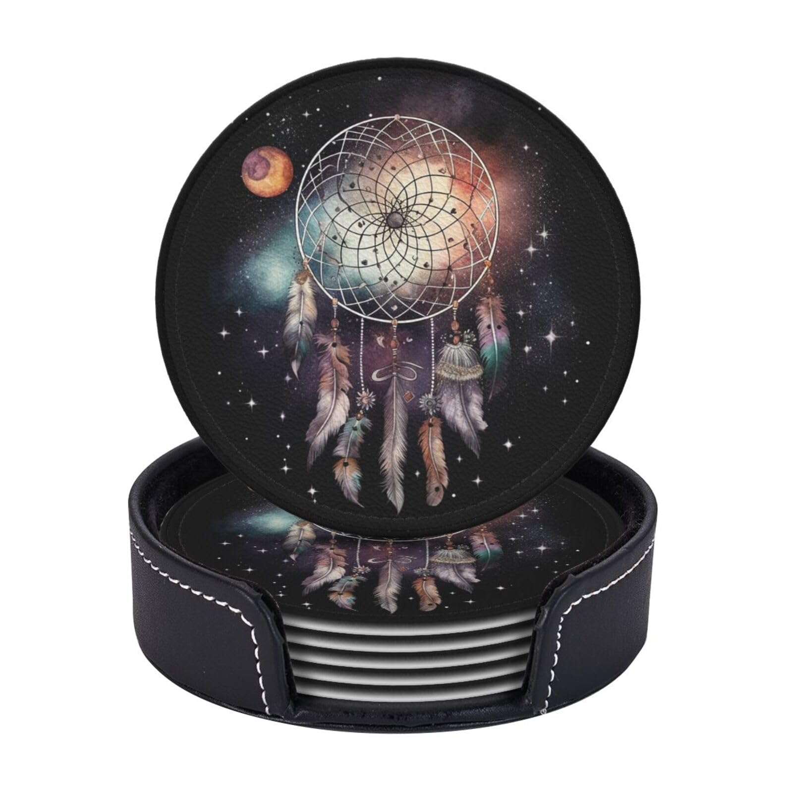 6PCS Drink Coasters with Holder, 4" Leather Coasters for Drinks, Dream Catcher and Stars Cup Coasters for Coffee Table Decor, Non-Slip Drinking Cup Mat for Hot or Cold Drink