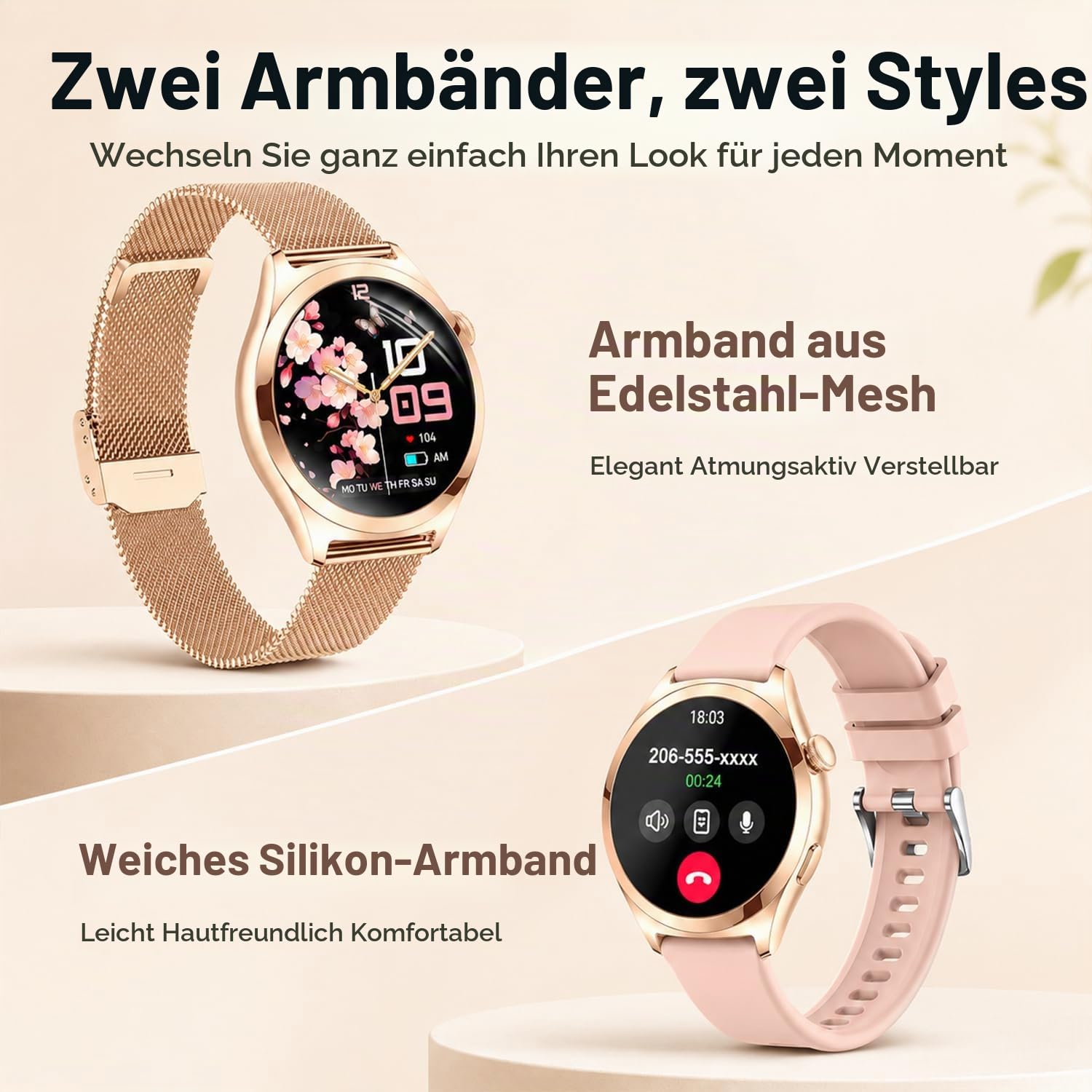 Smartwatch Damen mit Telefonfunktion, 1,27" HD Fitnessuhr mit 110+ Sportmodi, Herzfrequenz Schlafmonitor SpO2 Schrittzähler, IP68 Wasserdicht Smartwatch Damen Rund für iOS Android, Roségold