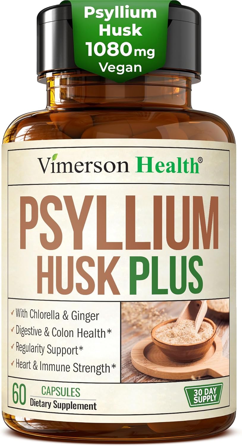 Fiber Supplement with 1080mg Psyllium Husk Powder, Slippery Elm for Women & Men, Ginger Root – High Fiber Pills for Regularity, Digestive & Gut Health – Gentle on Stomach 60 Psyllium Husk Capsules