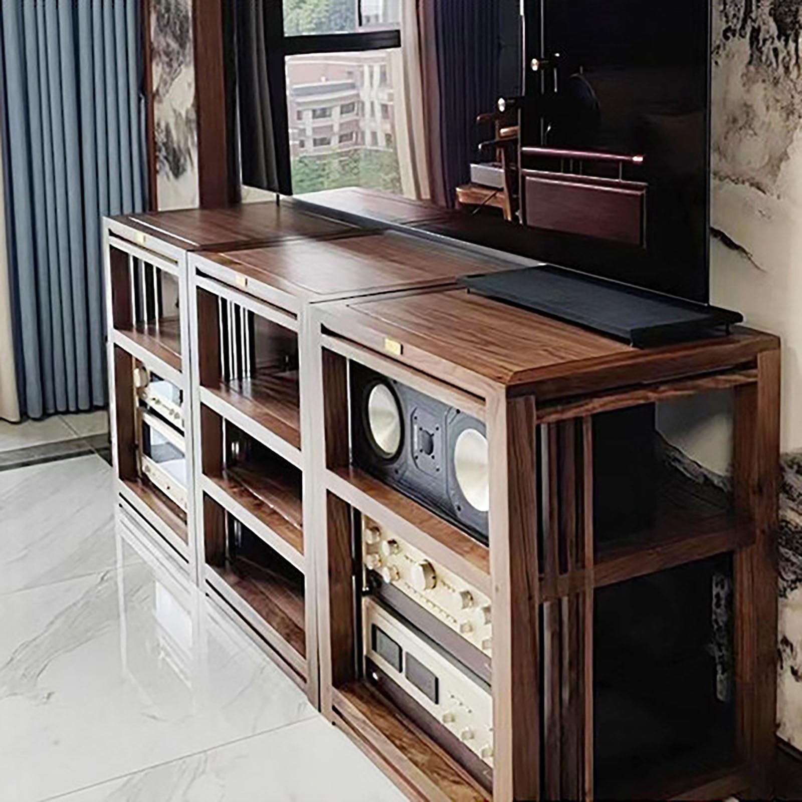 Armoire de Rangement multimédia à Plusieurs Niveaux avec Pieds amortisseurs et Conception Ouverte pour l'organisation du matériel Audio-vidéo