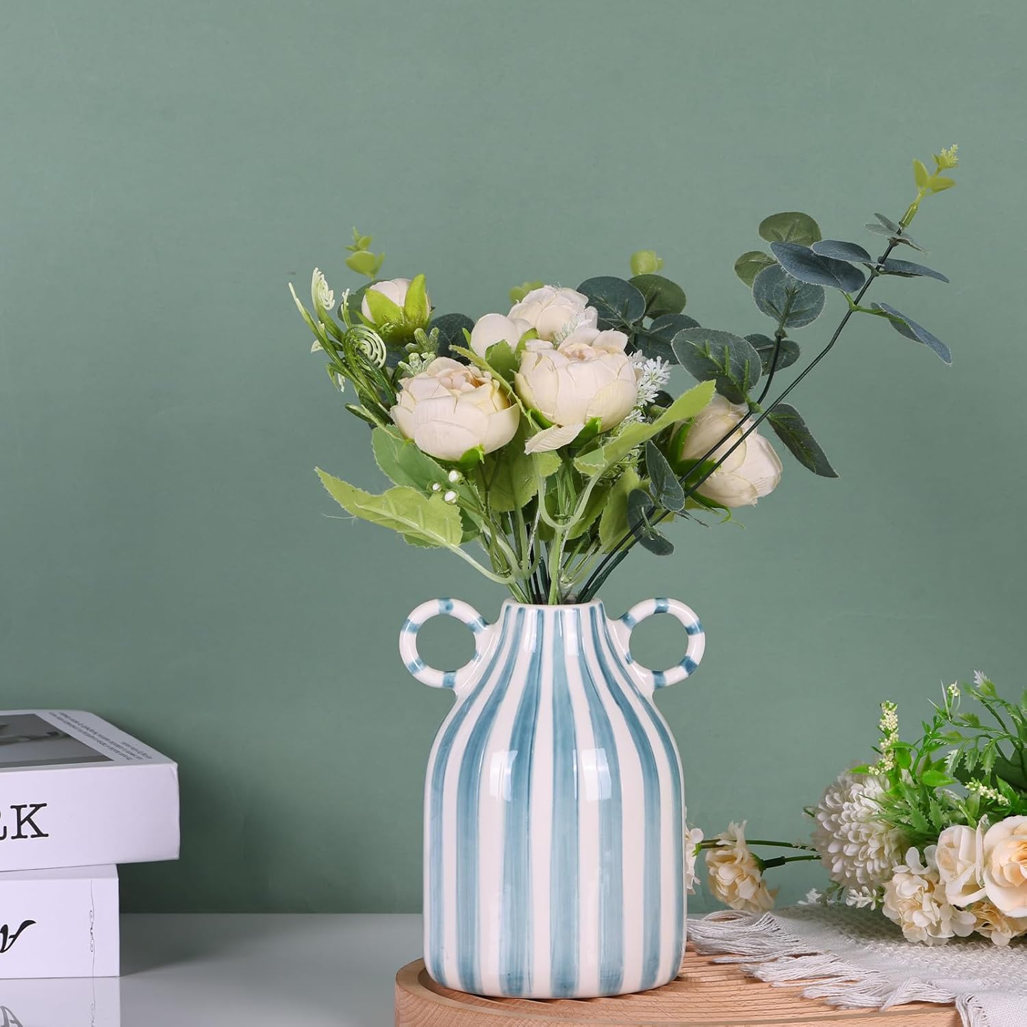 Green and White Ceramic Vase with Handle, Nordic Boho Small Vases Side Table Flower Centerpiece, Wide Mouth Single Flower Vase Pampas Grass Decorative - for Home Window Sill Living Dining Room Kitchen - Image 6