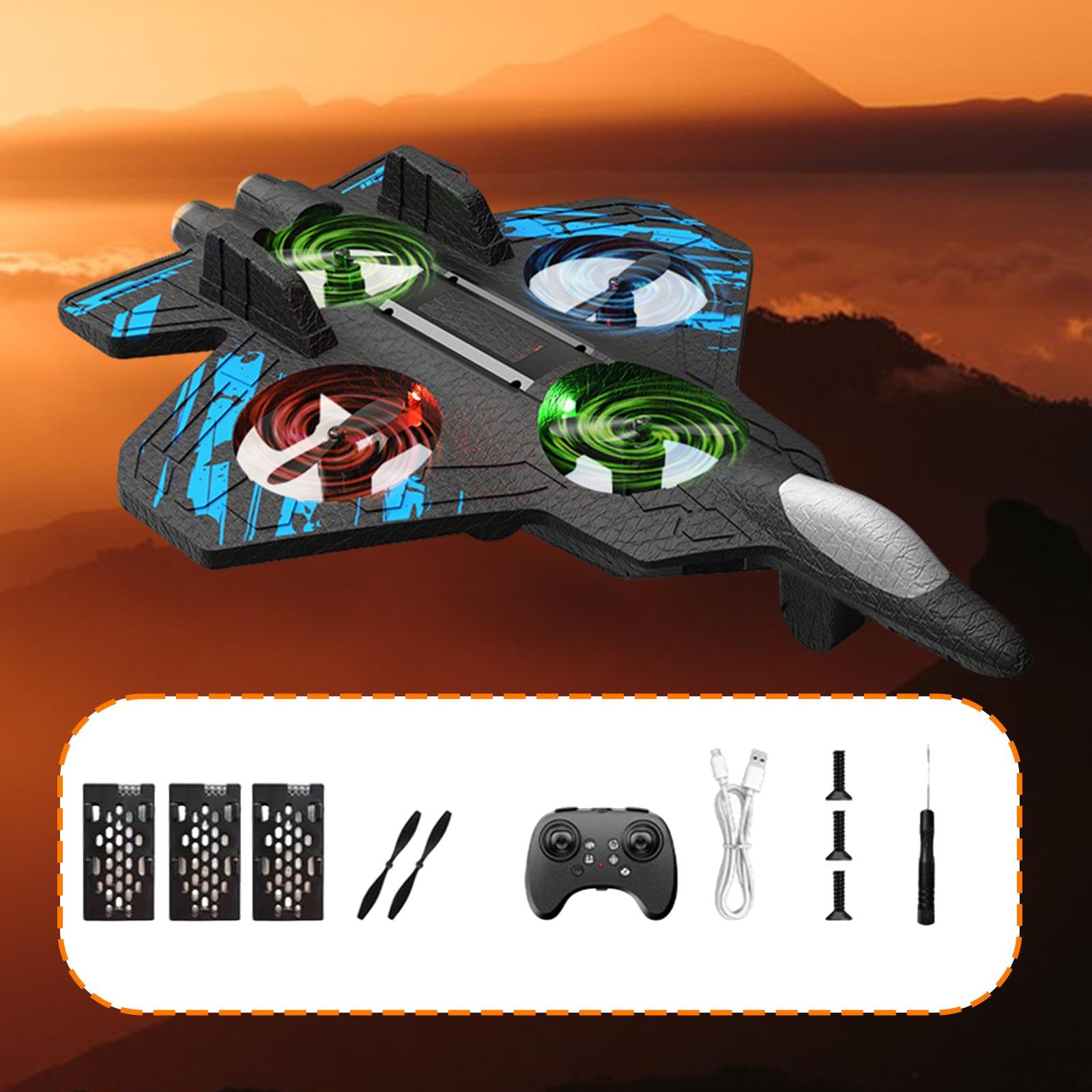 Avion Télécommandé de Chasse en Mousse avec Lumière Flip 360 Degrés, Bleu