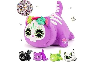 LCCOOUS® 61-PCS 小猫 11" 紫色糖头骨猫毛绒玩具 + 60PCS 猫贴纸 - 喵喵猫毛绒玩具 - 喵喵猫填充动物系列,送给孩子的生日礼物。(紫色糖头骨猫)