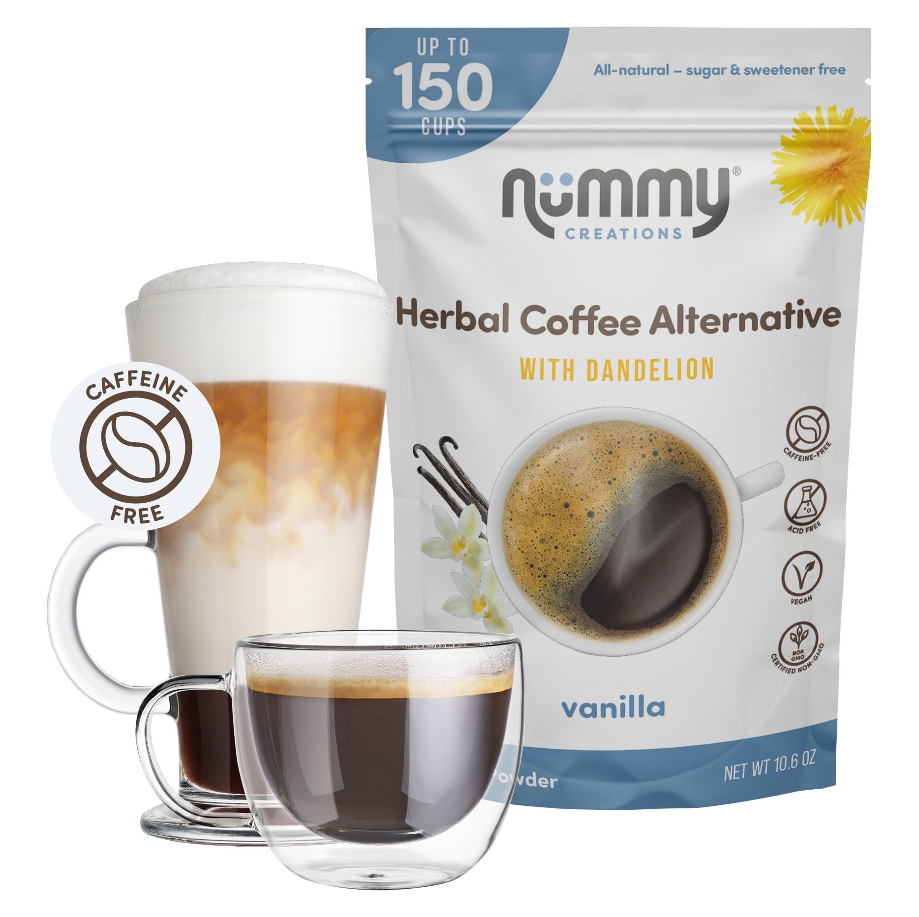 Nummy Creations 150 cup Vanilla Instant Caffeine-Free Coffee Alternative with Dandelion. Coffee Substitute, Chicory Coffee 10.6oz