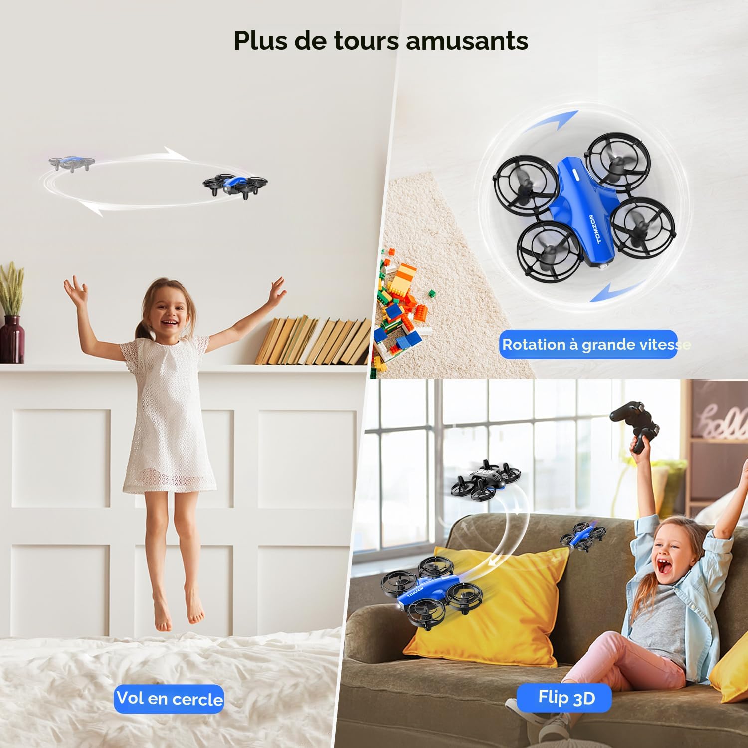 Drone De Combat Tomzon A24 Pour Enfants, 24 Min De Vol Avec 3 Batteries, Protection 360°, Lancement à La Main, Acrobaties 3D - Bleu