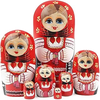 Conjunto de 7 chicas rojas Matryoshka Girls,Tradicional Niña Flor Madera Muñeca Rusa Matryoshka Muñecas Babushka Juguete apilable para niños Regalo Cumpleaños Casa Decoración de fiesta de Navidad