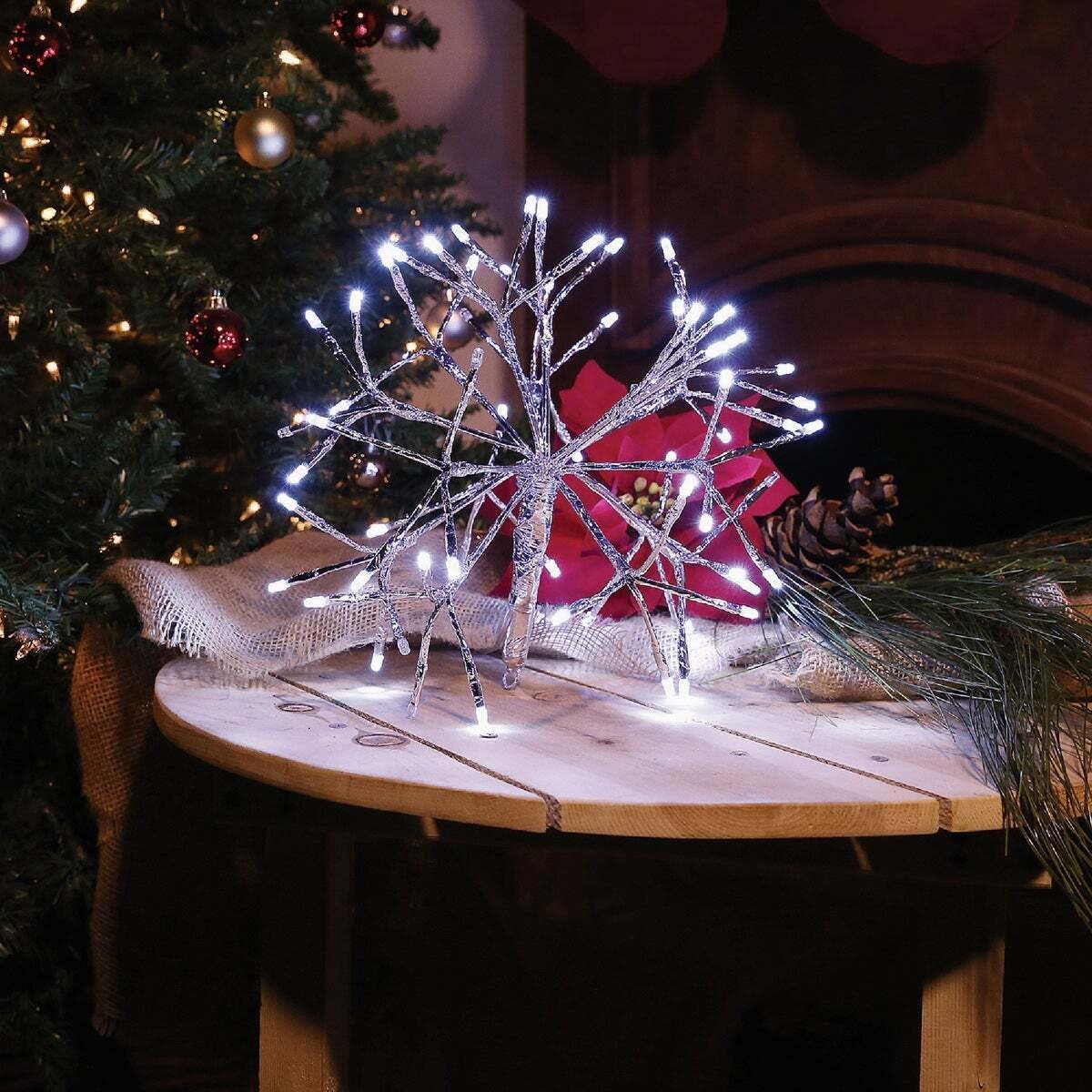 Alpine Corporation 12" Tall Hanging Snowflake Ornament with 48 Multicolor and 8 Cool White LED Lights, Festive Indoor/Outdoor Holiday Christmas Decoration, White image 3