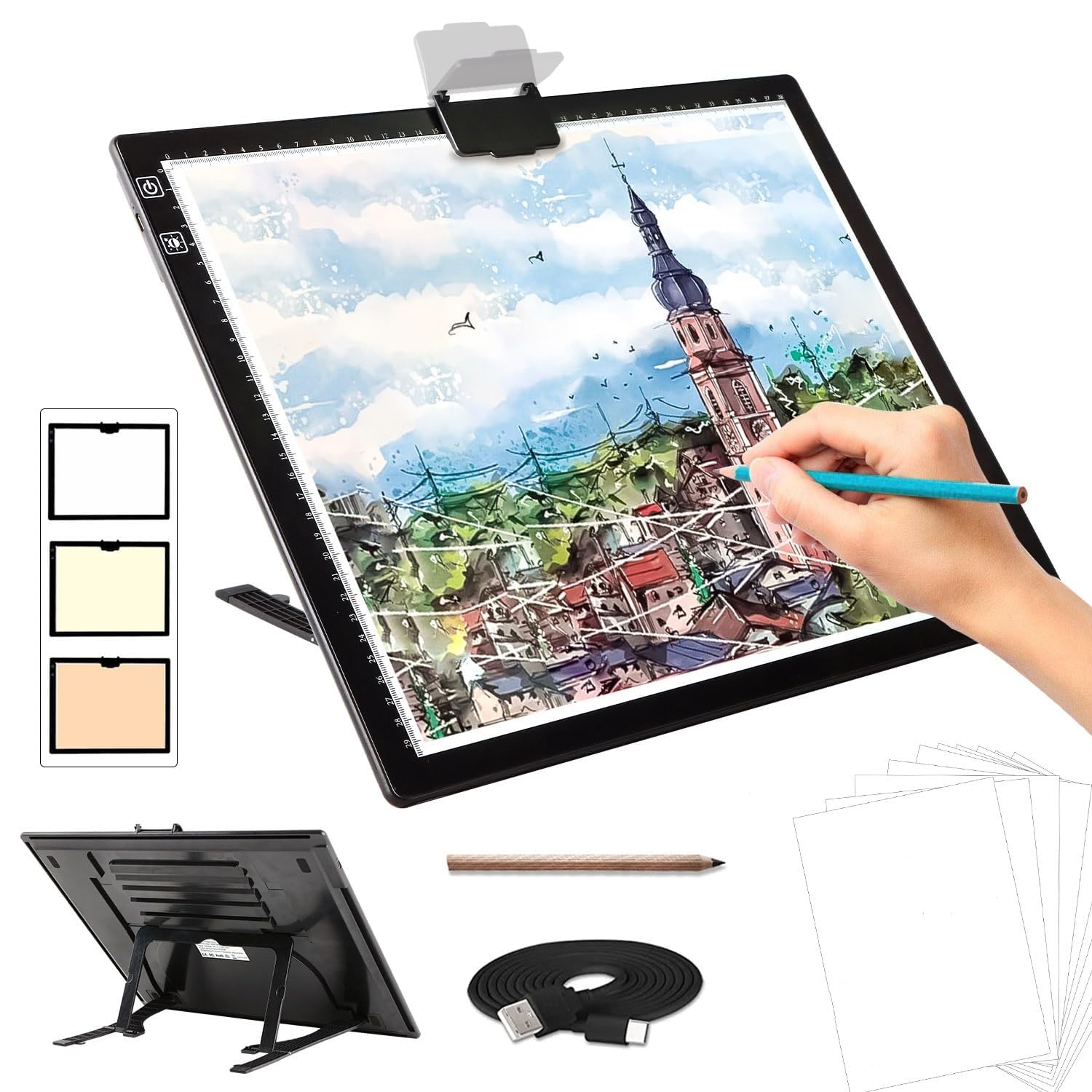 Homodoskey Rechargeable A3 Light Pad for Diamond Painting, Tracing Light Box with Stand and clip, 3 Colors Stepless Dimmable and 6 Levels of Brightness light board for Drawing, Sketching, Animation
