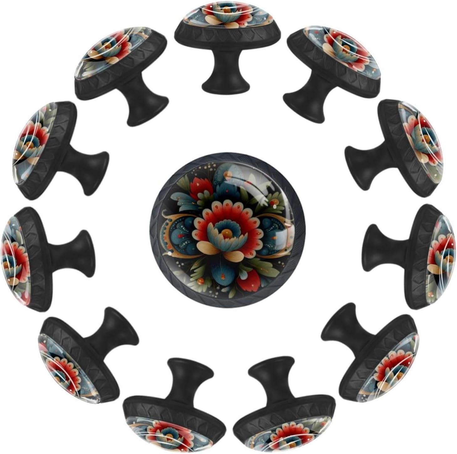 Black Norwegian Rosemaling Folk Style Flower (92) Household Cabinet Knobs, Glass Drawer Pulls for Kitchen Cupboard Dresser Closet