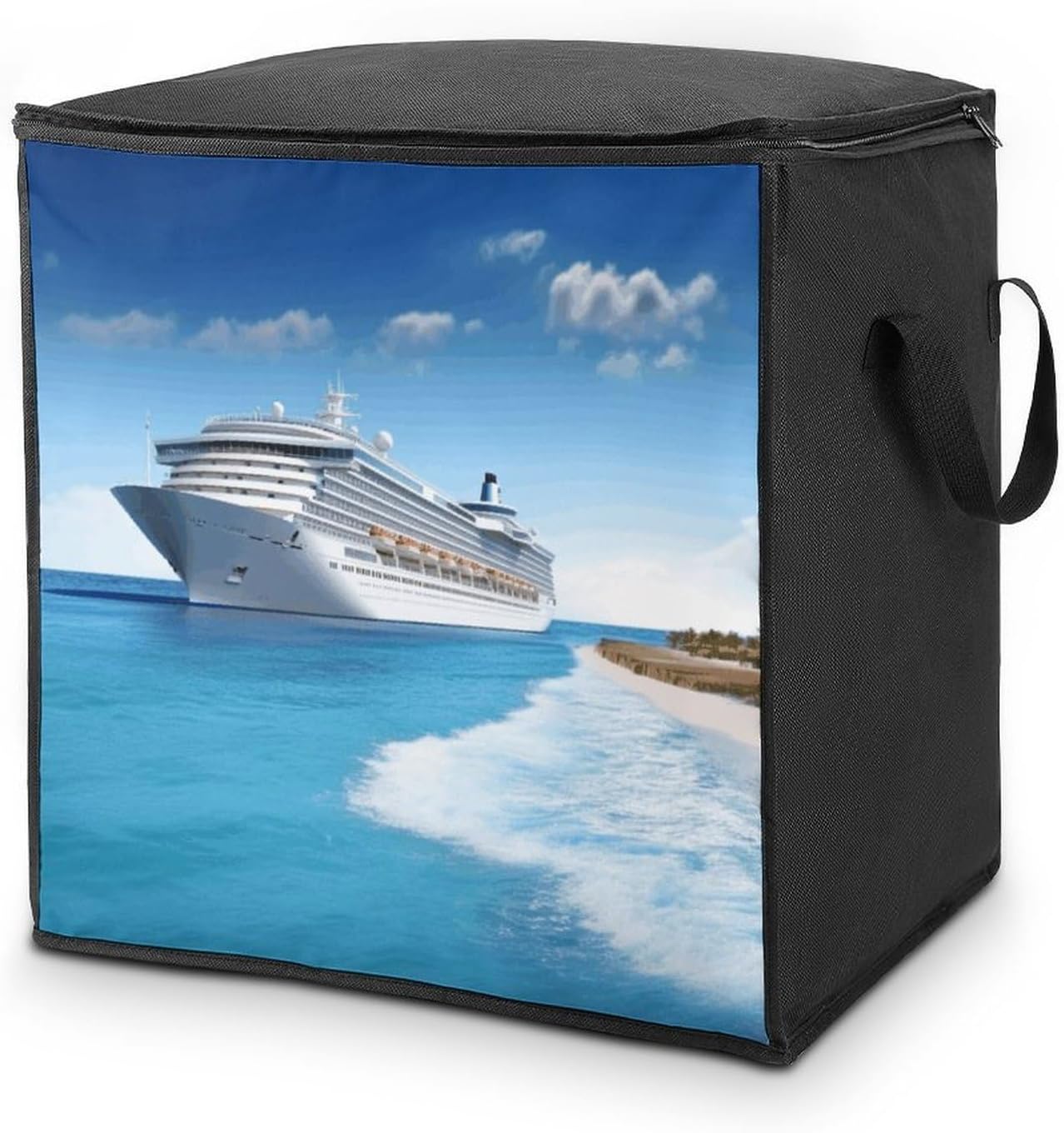 Seaside Cruise Ship Storage Bag with Zippers And Handle Extra Large Bedding Comforter Storage Bag Foldable Blanket Storage Bags Fabric Moving Bags for Closet Organizer (70L)