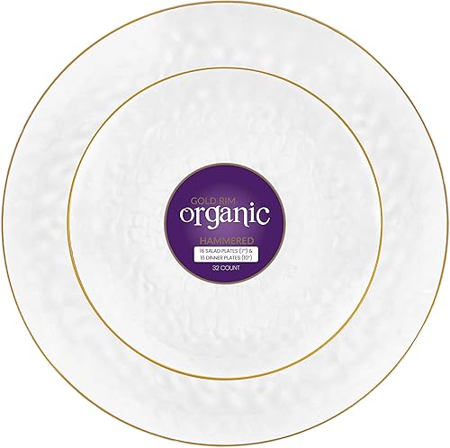 PARTY BARGAINS Combo Organic Collection - Platos llanos transparentes martillados con borde dorado, de 7 y 10 pulgadas, paquete de 64, platos