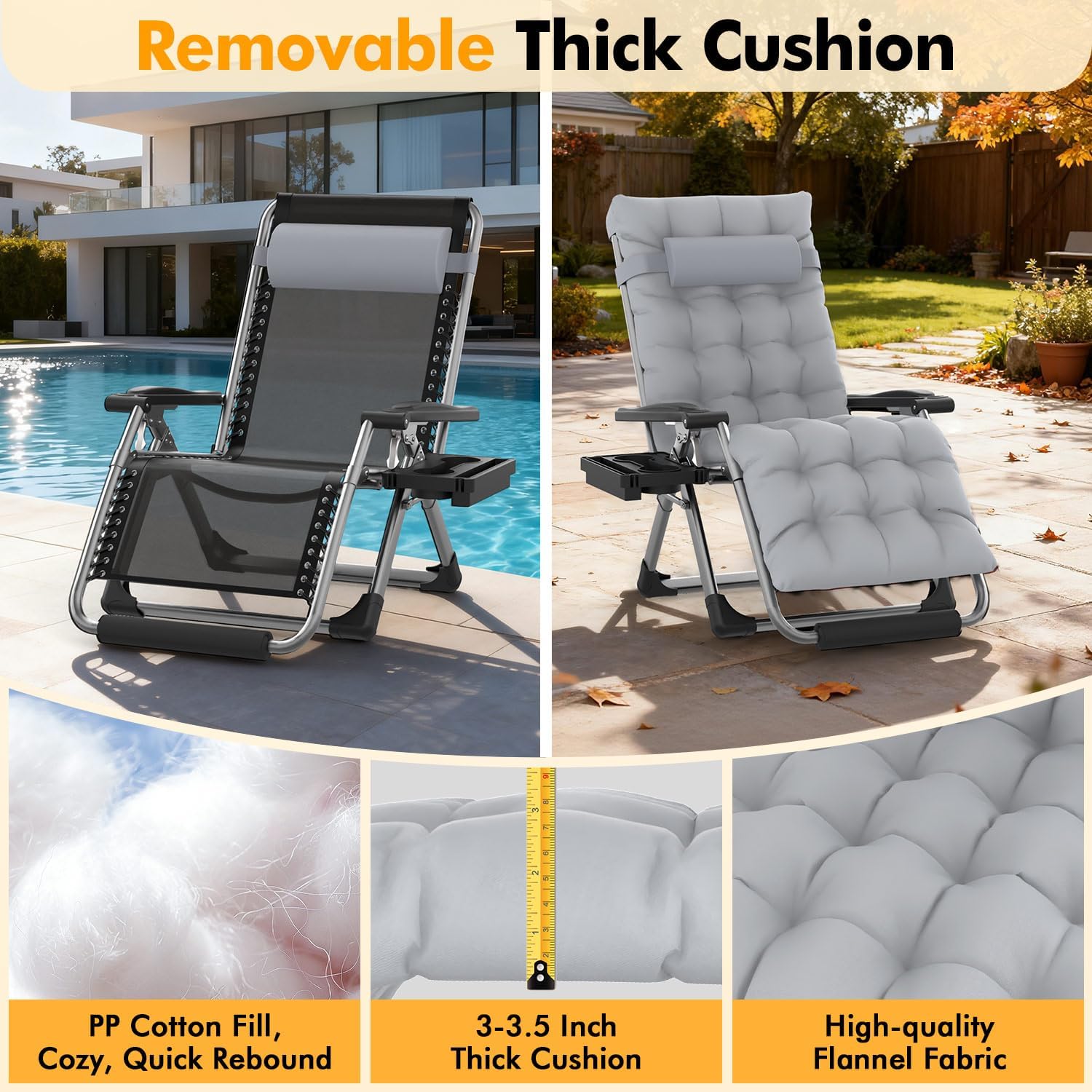 Slendor Oversized Zero Gravity Chair XL, Padded Anti Gravity Chair, 29in Zero Gravity Lounge Chair, Folding Reclining Chair w/Aluminum Alloy Lock, Headrest, Cup Holder, Support 440lbs, Gray