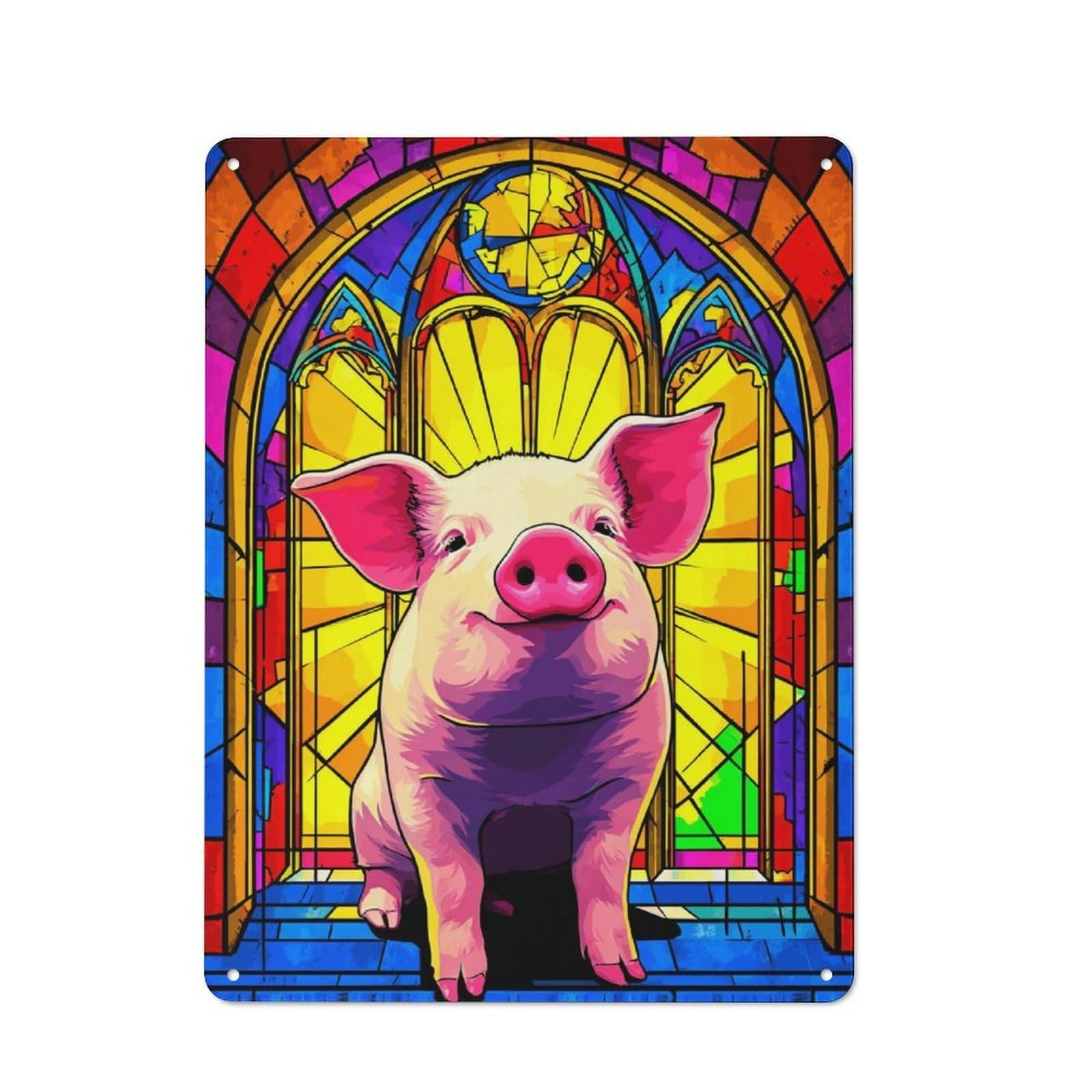 Junmoney Stained Glass Pig Portrait Clean Industrial Industrial Metal Sign 40X30cm, Studio Wall Art For Loft, Studio, Office Or Creative Room
