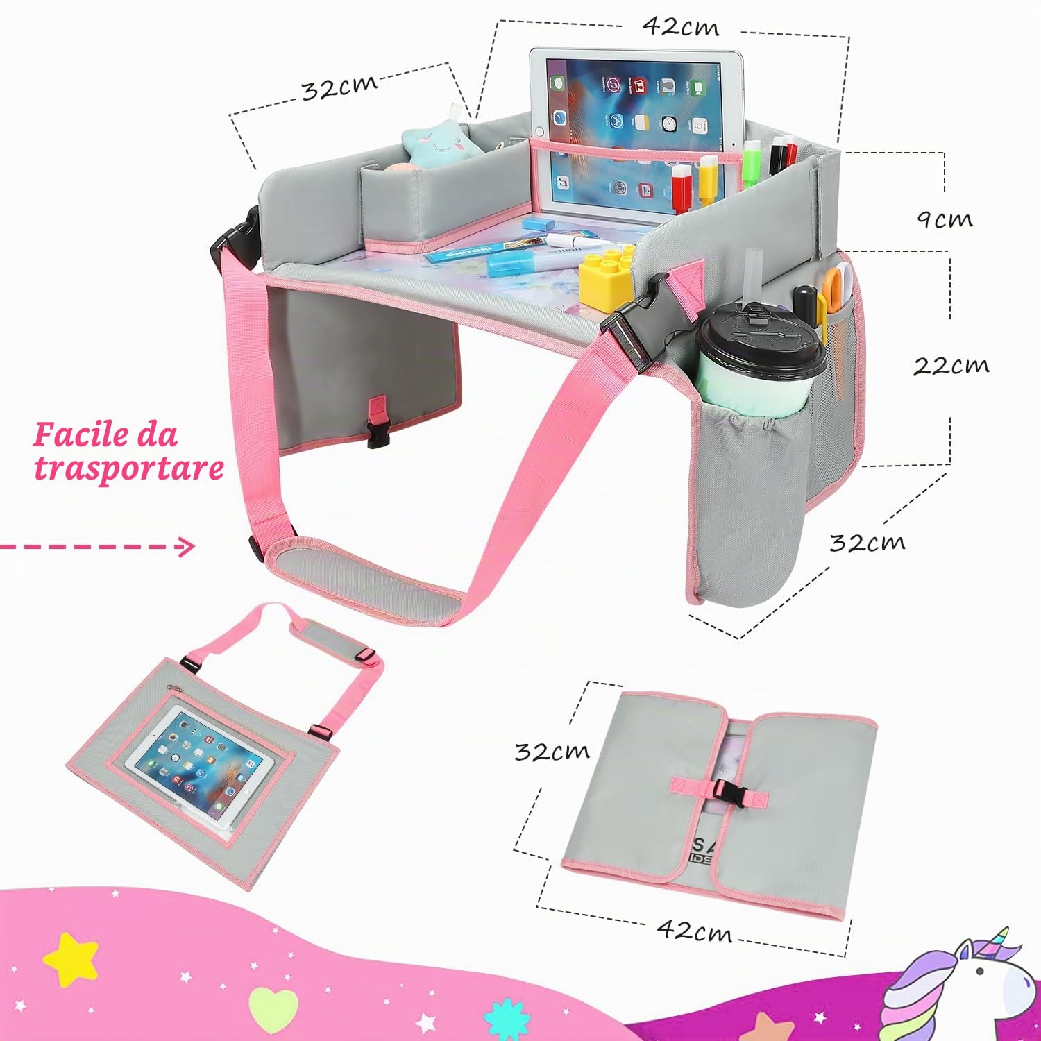 Vassoio da Viaggio per auto e aereo - Tavolino attività portatile con Supporto per Tablet e Copertura Protettiva - Organizer Auto Impermeabile e Pieghevole
