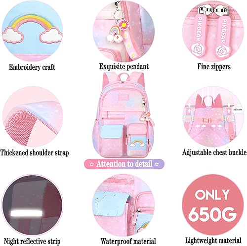 Miniatura 6 de Mochila de arcoíris para niñas y niños, linda mochila escolar para estudiantes con bolsa para bolígrafos, bolsa de viaje para portátil con diseño de