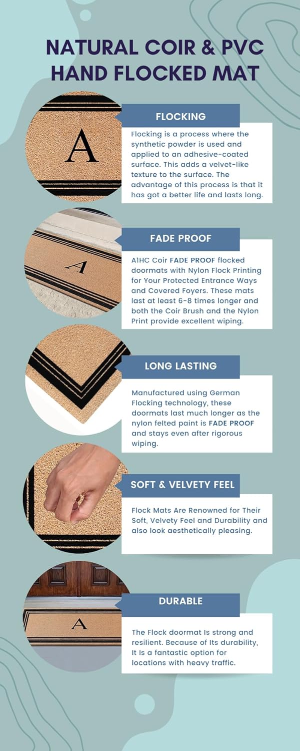 A1HC Natural Coir Flock Monogrammed Doormat for Outside Entrance, Anti Shed Treated Durable Front Door Mat, Heavy Duty, Thin Profile, Easy to Clean Entryway Mats - 24"X57", C