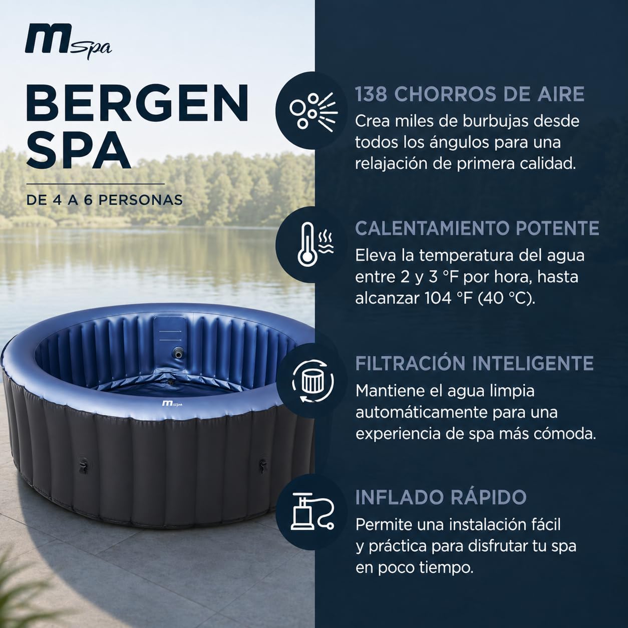 MSpa Bergen SPA Hinchable Circular 4-6 Personas con hidromasaje Air Jet, calefacción, filtración Inteligente y desinfección UVC