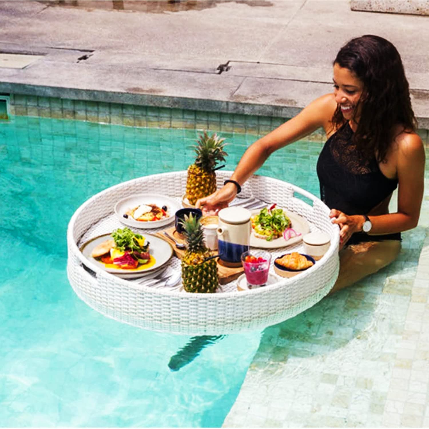 MRKU Bandeja Flotante Extragrande de Lujo para Piscina, Elegante Bandeja de Desayuno en el Agua, Mesa Flotante para Bancos de Arena, spas y Fiestas, Color Blanco.