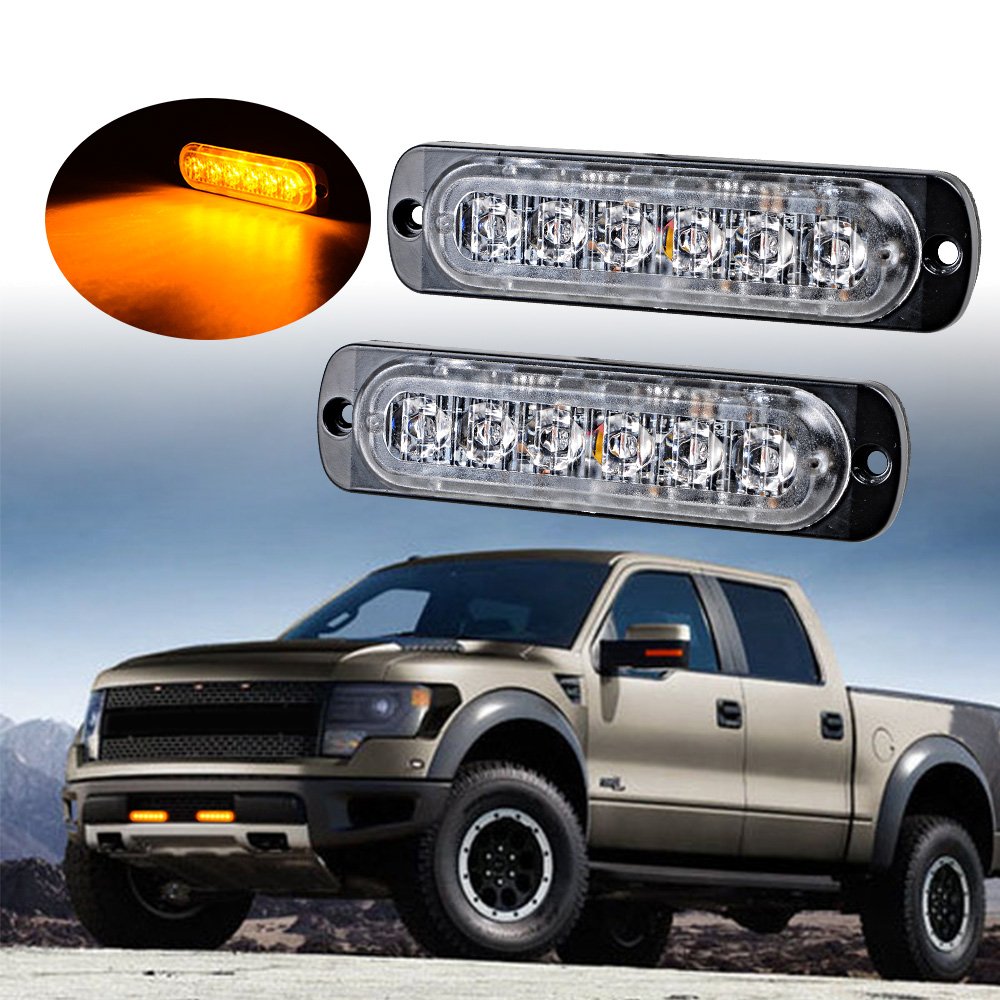 2X 6-LED Amber Universal Ultra Slim Warning Beacon Hazard 16 Flashing Strobe Light Flasher Surface Mount