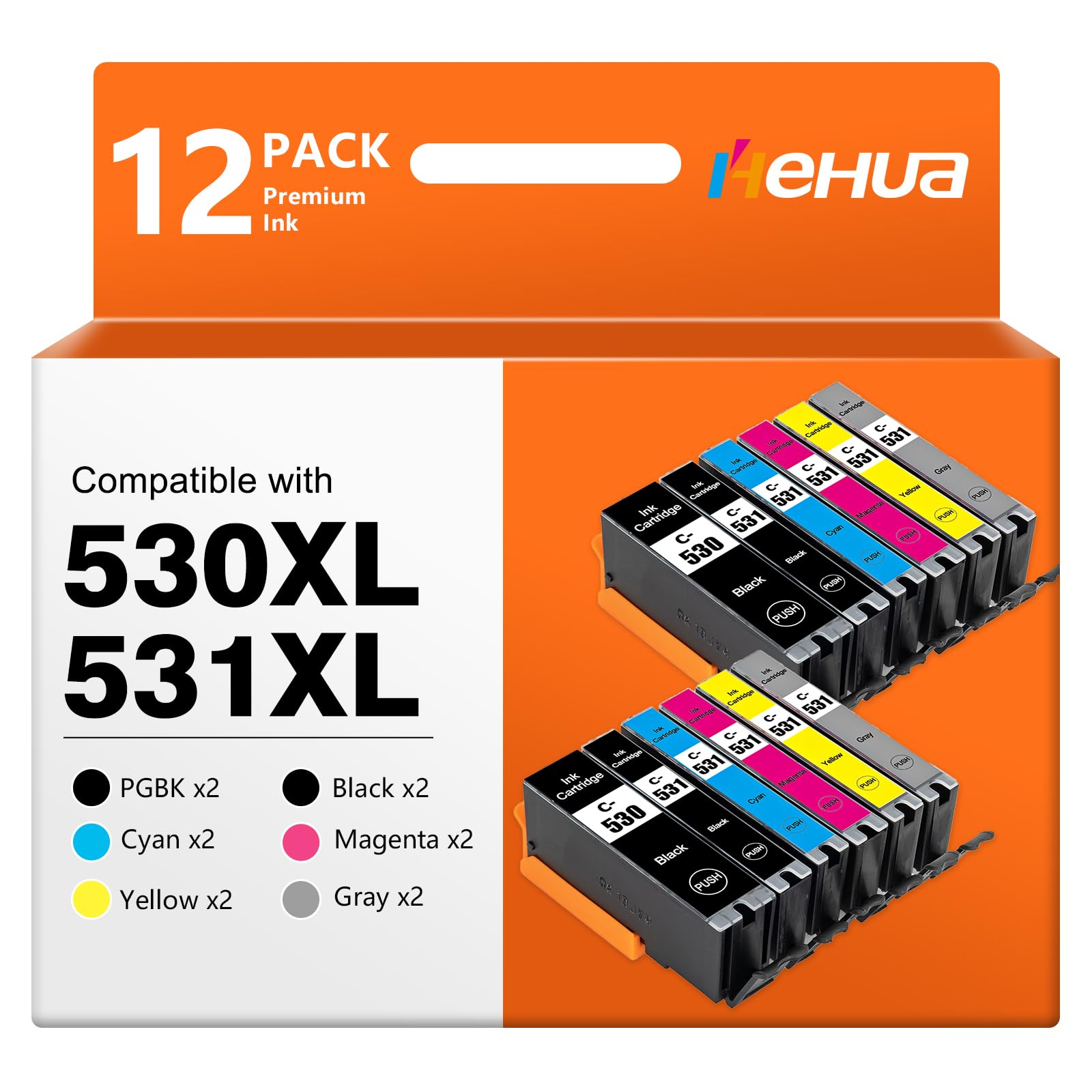 hehua 530 531 XXL TS8750 Cartuchos de Tinta Multipack Compatible para Canon PGI-530 CLI-531 Cartuchos Compatible para Canon PIXMA TS8750 TS8751 Cartuchos de Impresora PGI530 CLI531 (Paquete de 12)