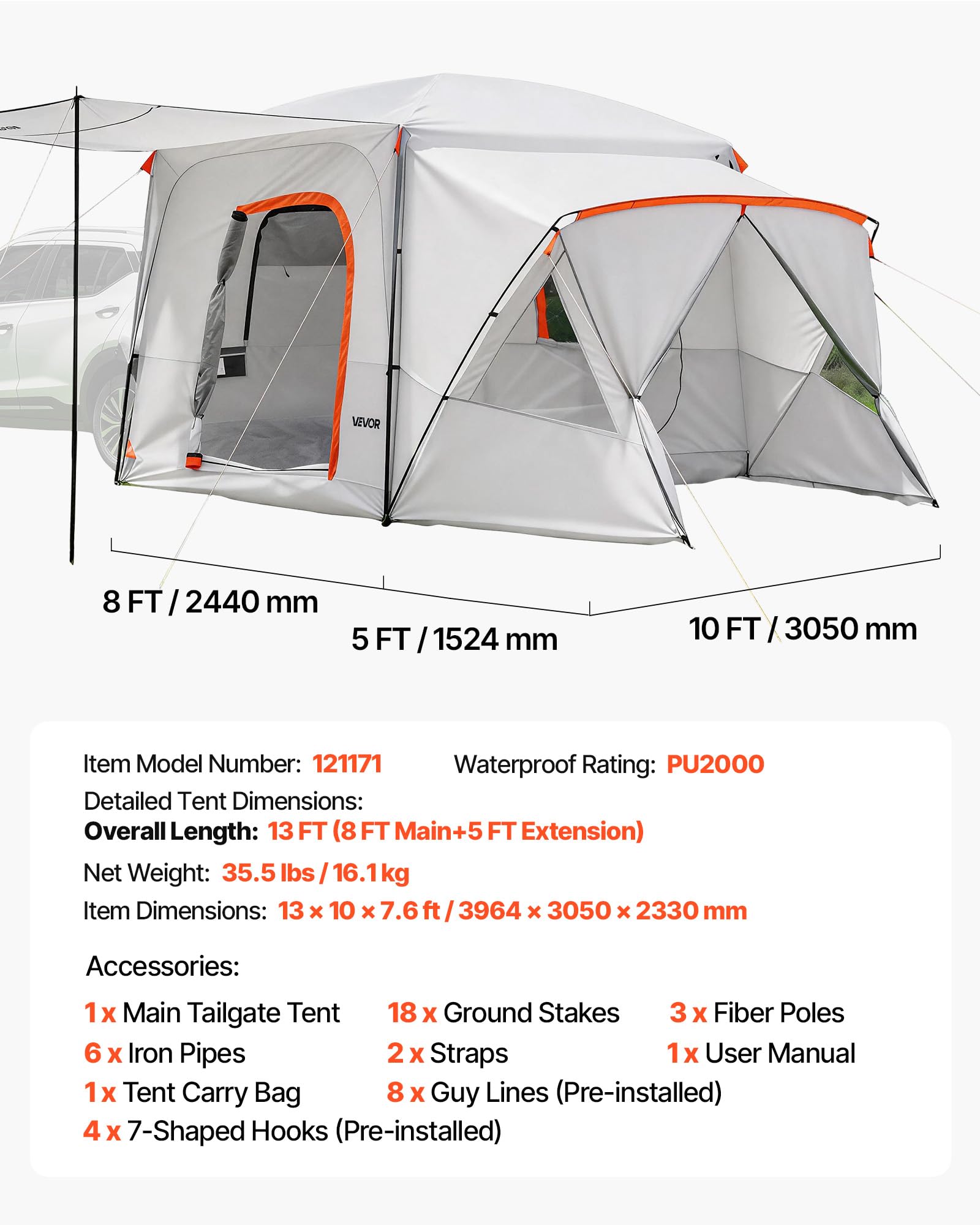 VEVOR Heckklappenzelt Autozelt für 5-9 Personen 3964 x 3050 x 2330 mm, Wasserdichtes (PU2000 mm) Campingzelt mit Belüftungsfenstern, SUV-Heckzelt für Camping Wandern Outdoor-Aktivitäten