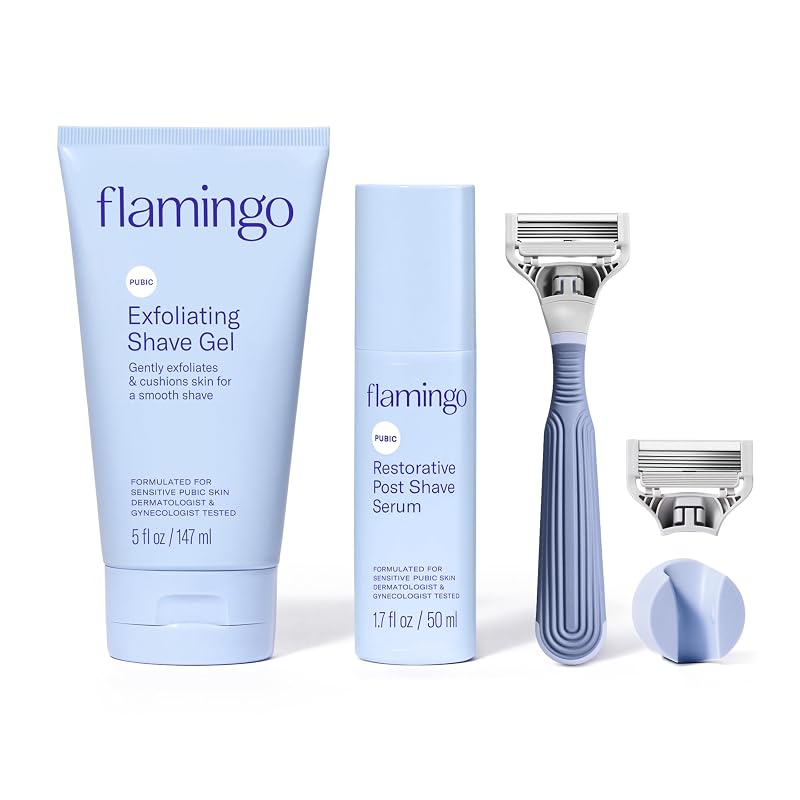 Flamingo Kit de barbear feminino com lâmina de 5 lâminas, gel de barbear e sérum pós-barba