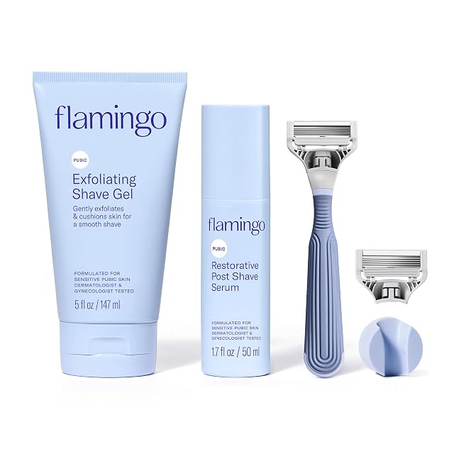 Flamingo Pubic Hair Razor for Women Shaving Kit 1 Razor Exfoliating Shaving Gel 5 fl oz - Restorative