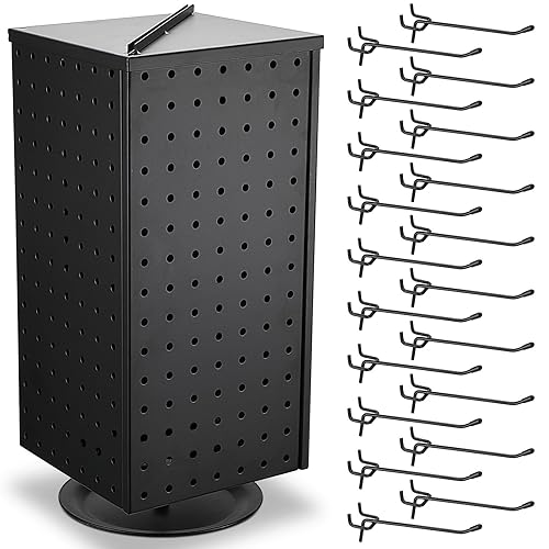 Wesiti Pegboard Metal Rotating Display Stand with 20 Hooks 4 Sided Spinning Peg Board Displays Jewelry Earring Stands Craft Keychain Rack Necklace Holder for Retail Table Counter(17",Black) - Black - 17"