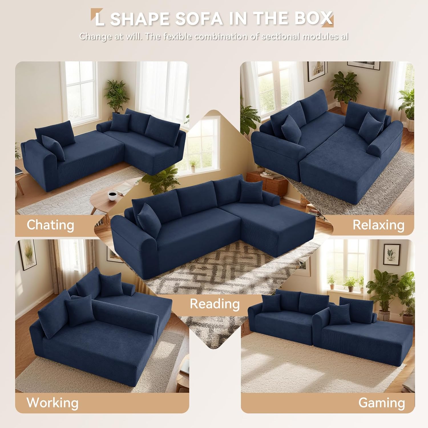 Modular Sectional Sofa with Chaise, Cloud Sectional Couch with Deep Seat, Modular L-Shape Sofa Corduroy Boneless Couch for Living Room,Bedroom,No Assembly Required(Navy Blue, Left Facing Chaise)