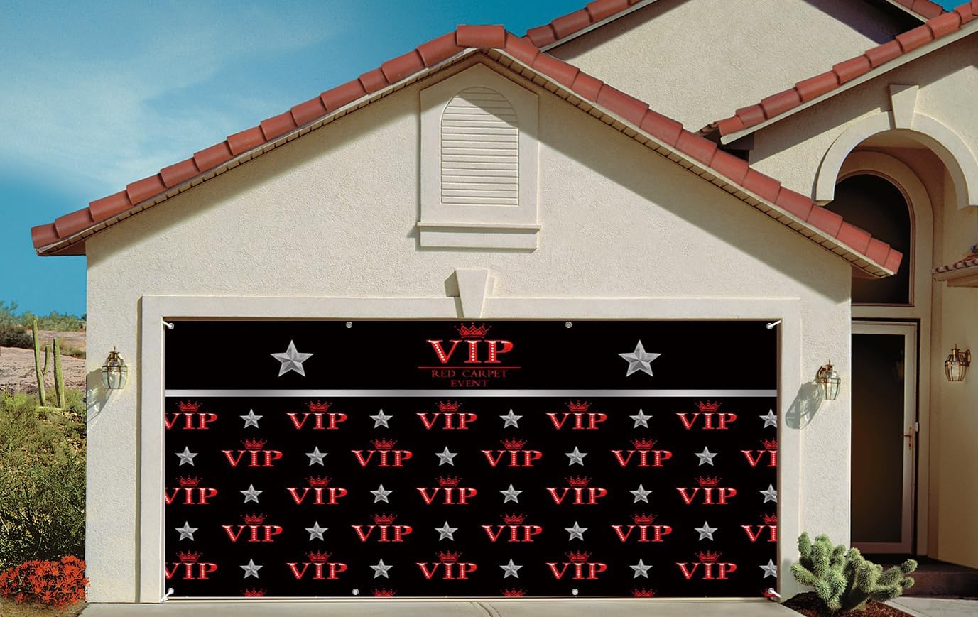 7x8ft VIP Garage Door Decor Red Carpet Event Silver Star Black Garage Door Backdrop Catwalks Stage Cine Film Show Booth Celebrity Activity Portrait Party Garage Door Banner