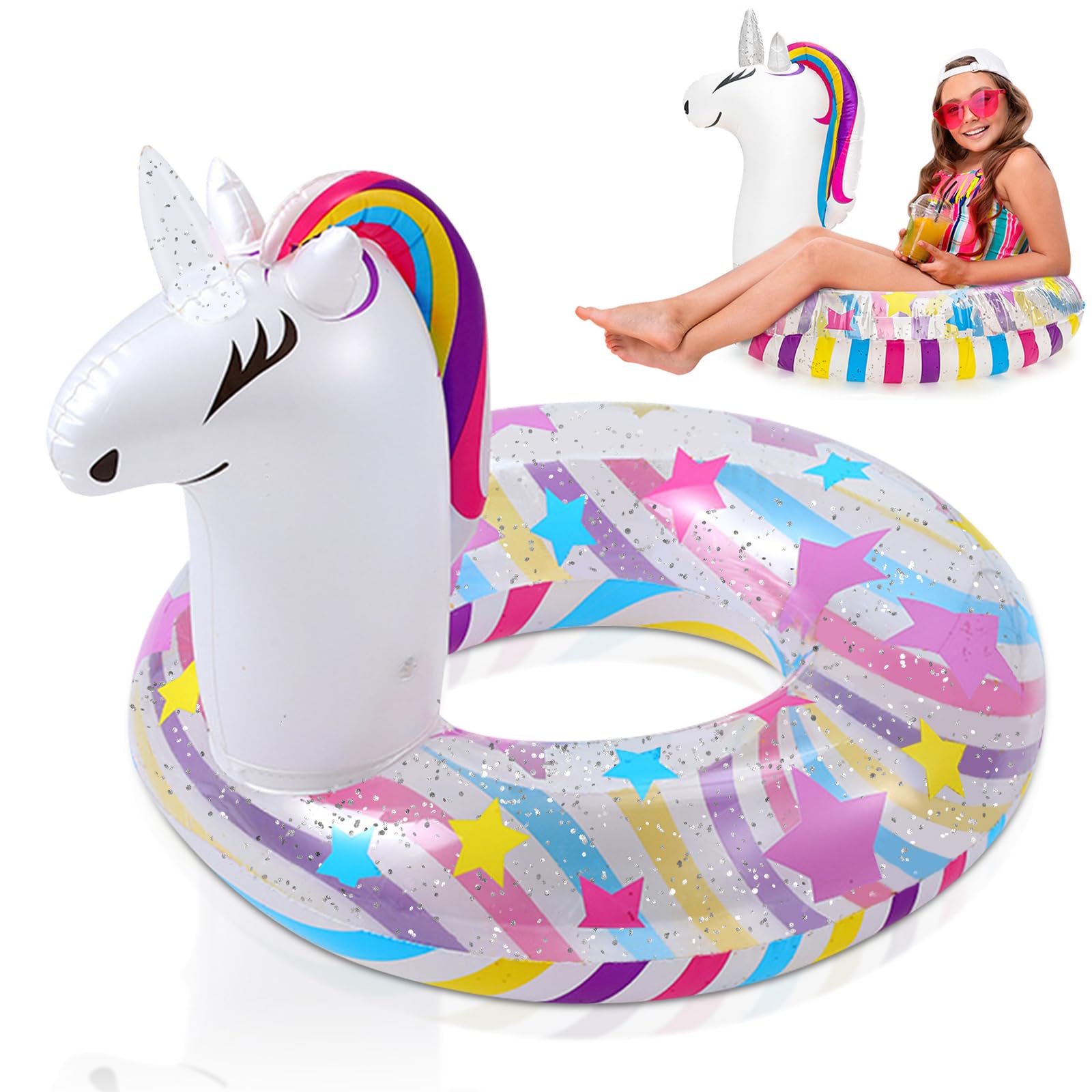 WenYa 28 Inch Unicorn Inflatable Floats Rings for Kids, Girls Unicorn Inflatable Pool Rings with Glitter for Kids Swimming Pool Water Sports (White)