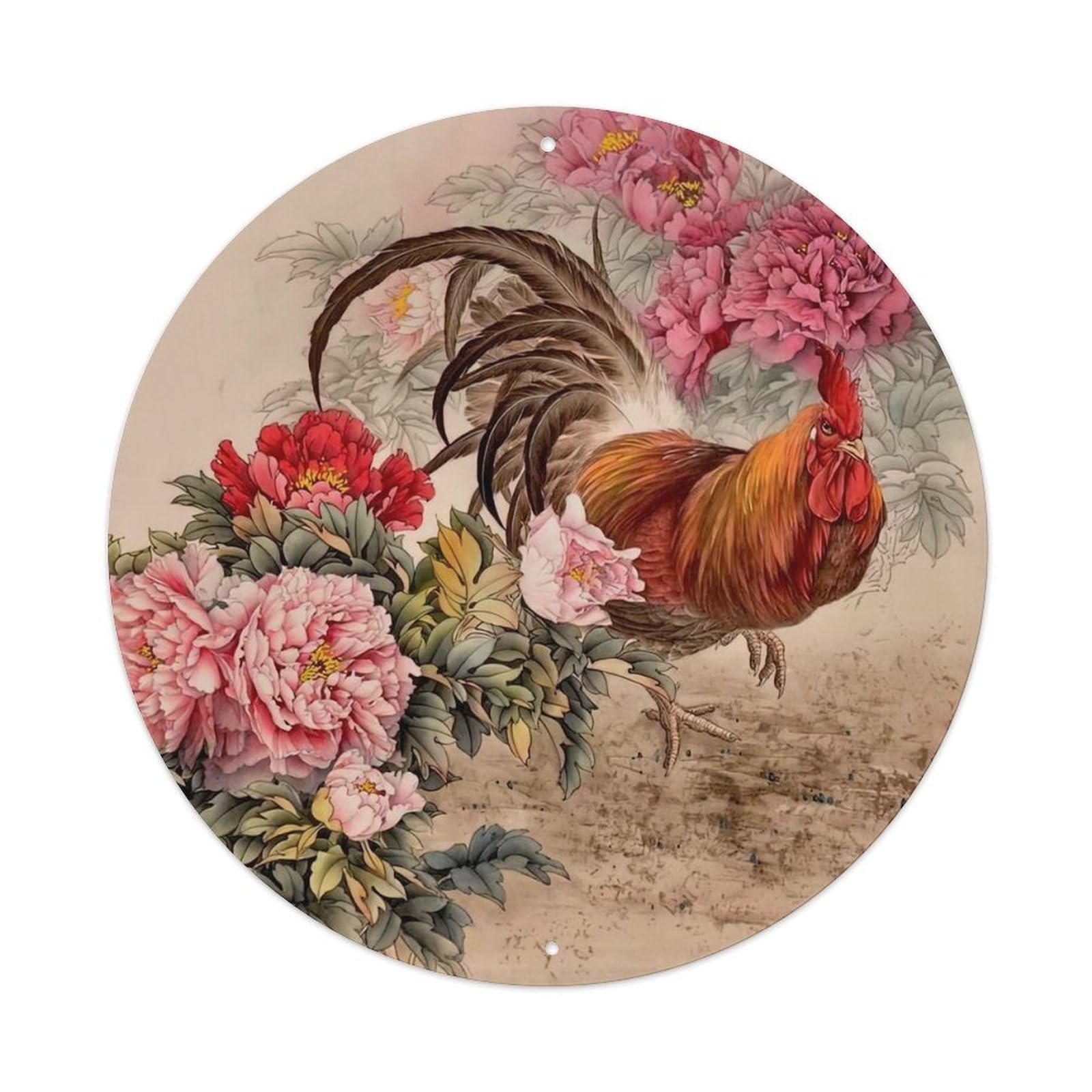 Animal Artwork Peony Lace Rooster Vintage Metal Tin Sign Plaque Wall Decor for Cafe, Club Bar, Office, Garden Metal Poster 8x8Inch