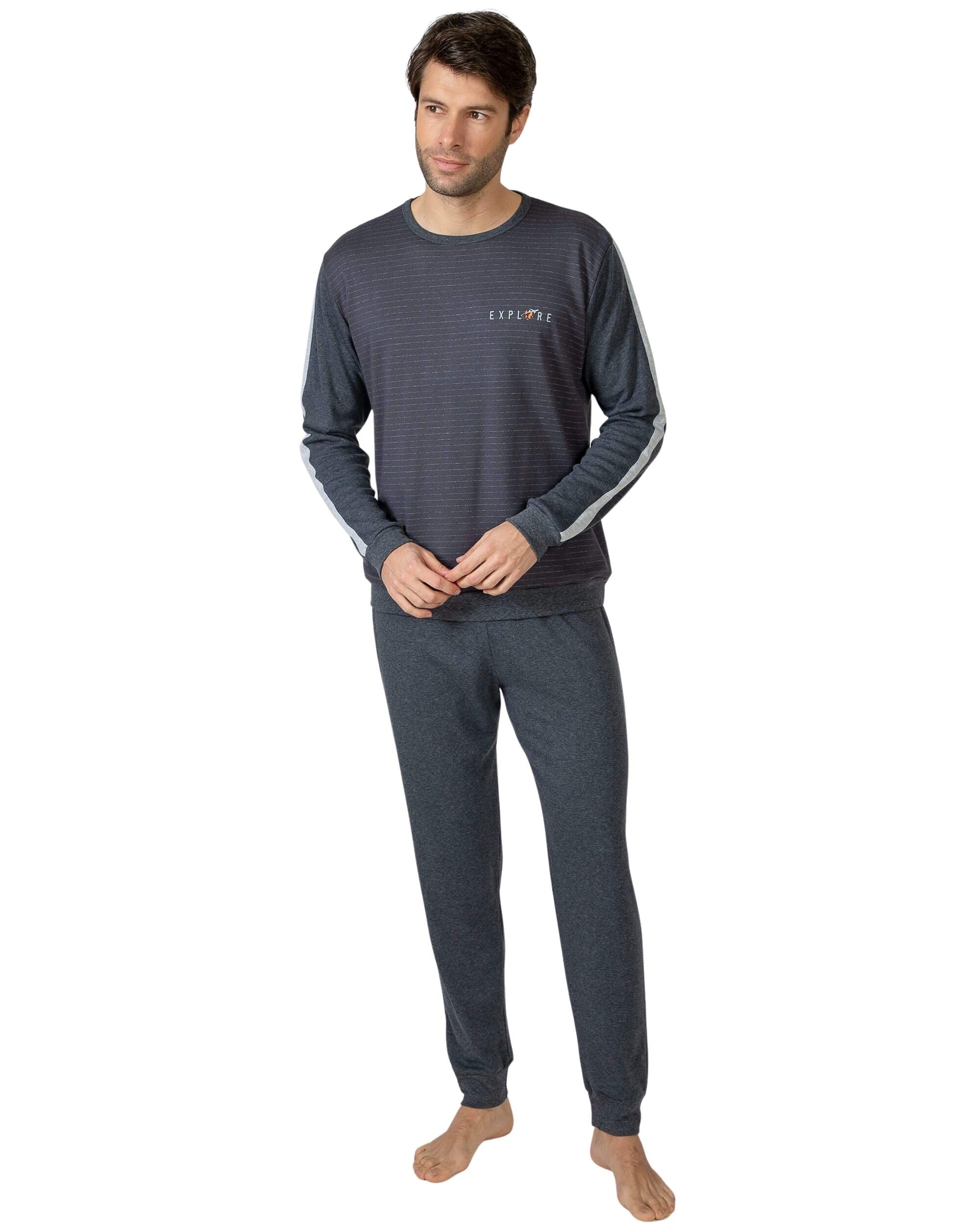 MASSANA Pijama de Invierno para Hombre, Conjunto de 2 Piezas, Camiseta Manga Larga con Diseño Explore y Pantalón Largo, Gris Marengo