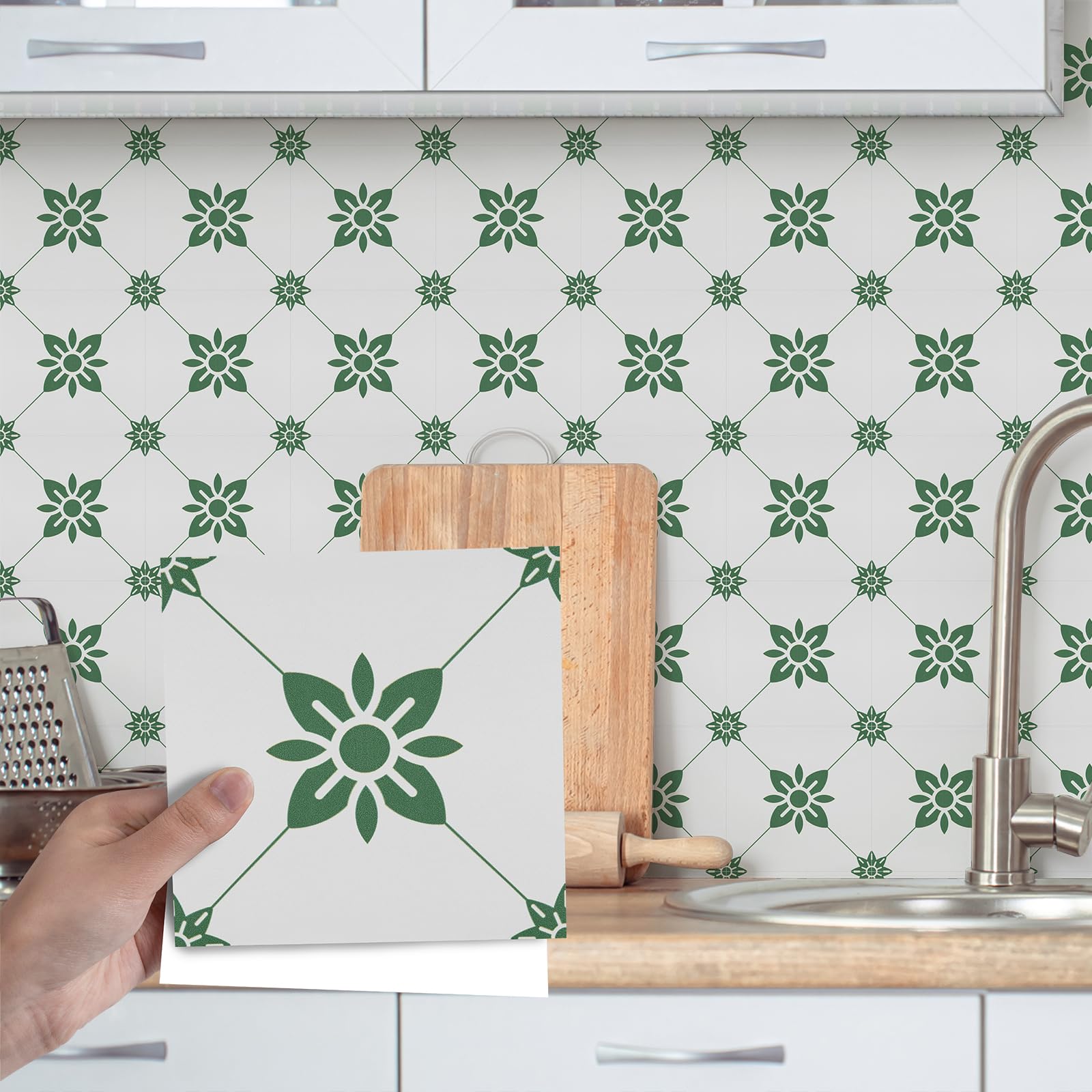 Fantasnight Tile Stickers Green, Stick on Tiles Matt 15x15cm 12Pcs, Vinyl Self Adhesive Peel and Stick for Bathroom, Removable Backsplash for Kitchen Flower