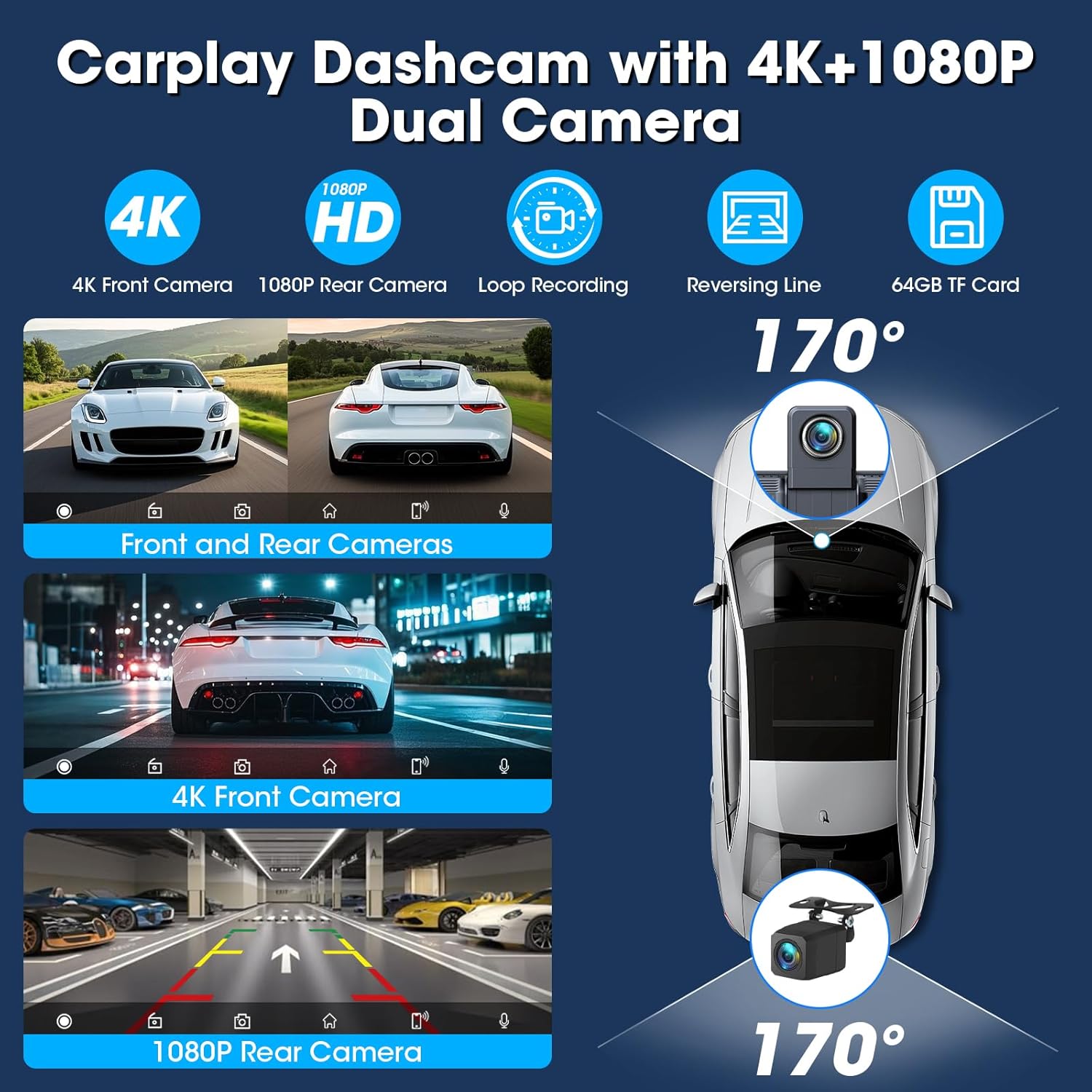 Diagram showing 4K front and 1080P rear camera views with loop recording and reversing line features