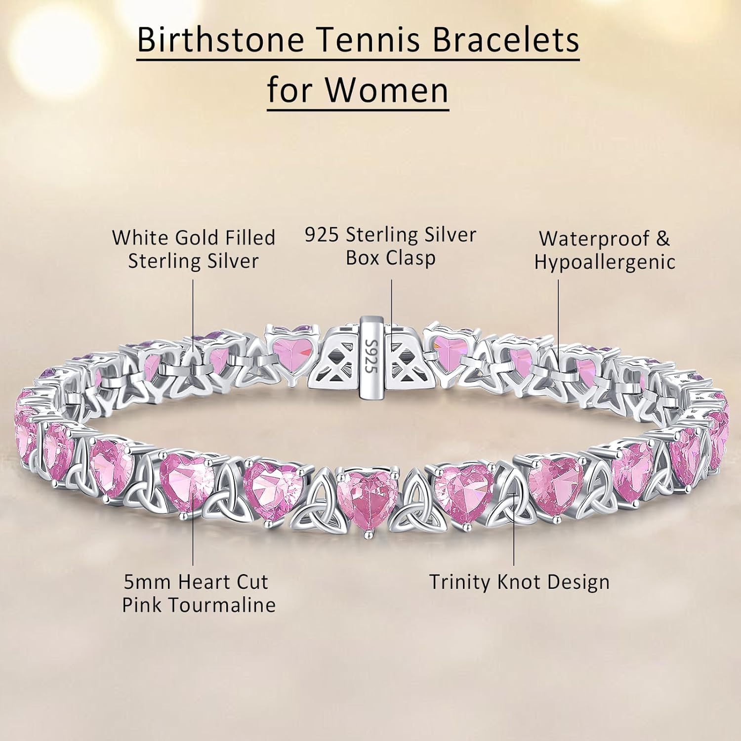 Birthstone Tennis Bracelets for Women, 925 Sterling Silver Heart Shaped Celtic Trinity Knot, 7 Inch Charm Trendy Hypoallergenic Anniversary Birthday Gifts for Her - Image 3
