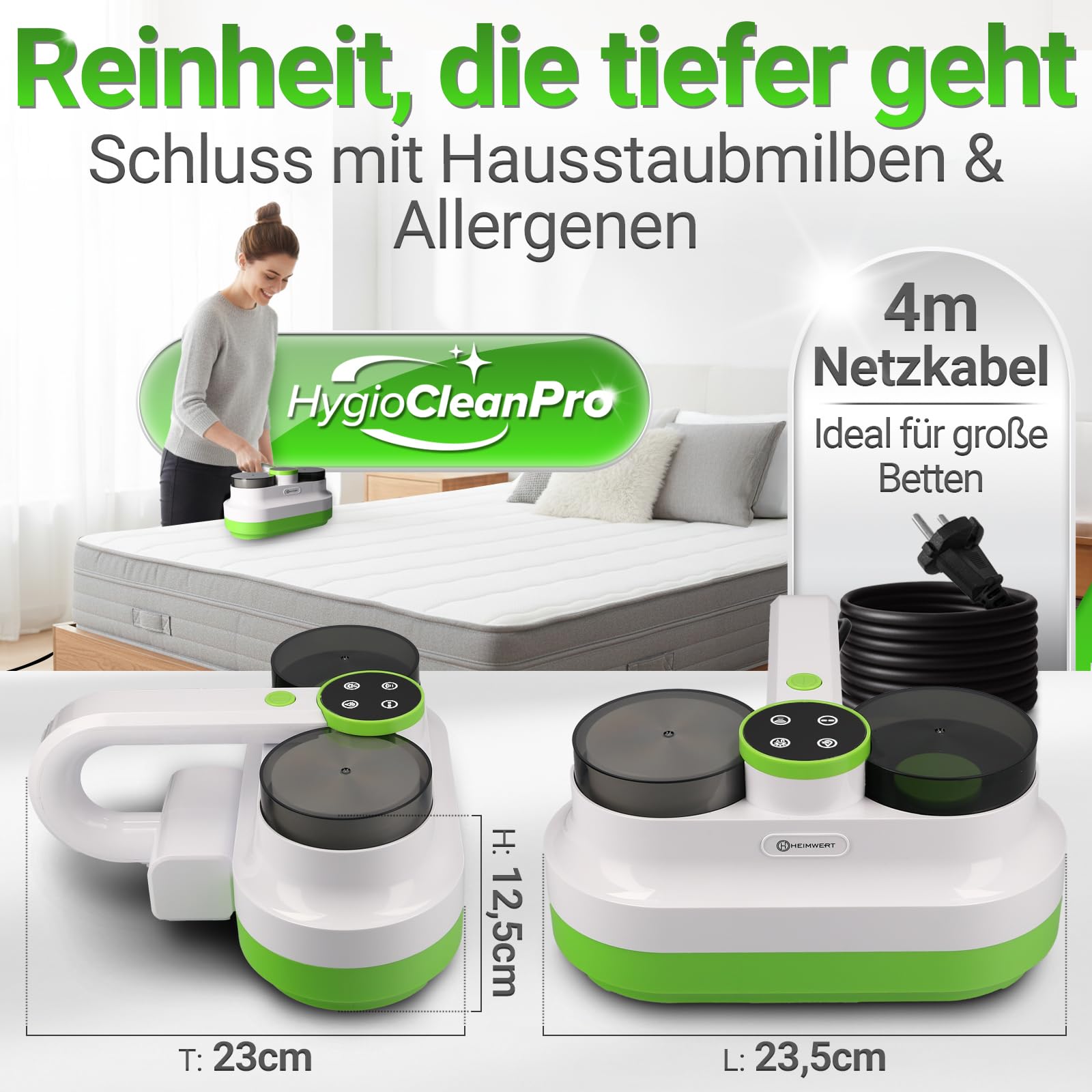 Heimwert – Milbensauger für Matratzen & Polster 99,9% | UV-C Licht & Tiefenvibration | 400W fasertiefe Reinigung mit HEPA-Filter | Matratzenreiniger gegen Milben, Bettwanzen & Allergene (Gerät)