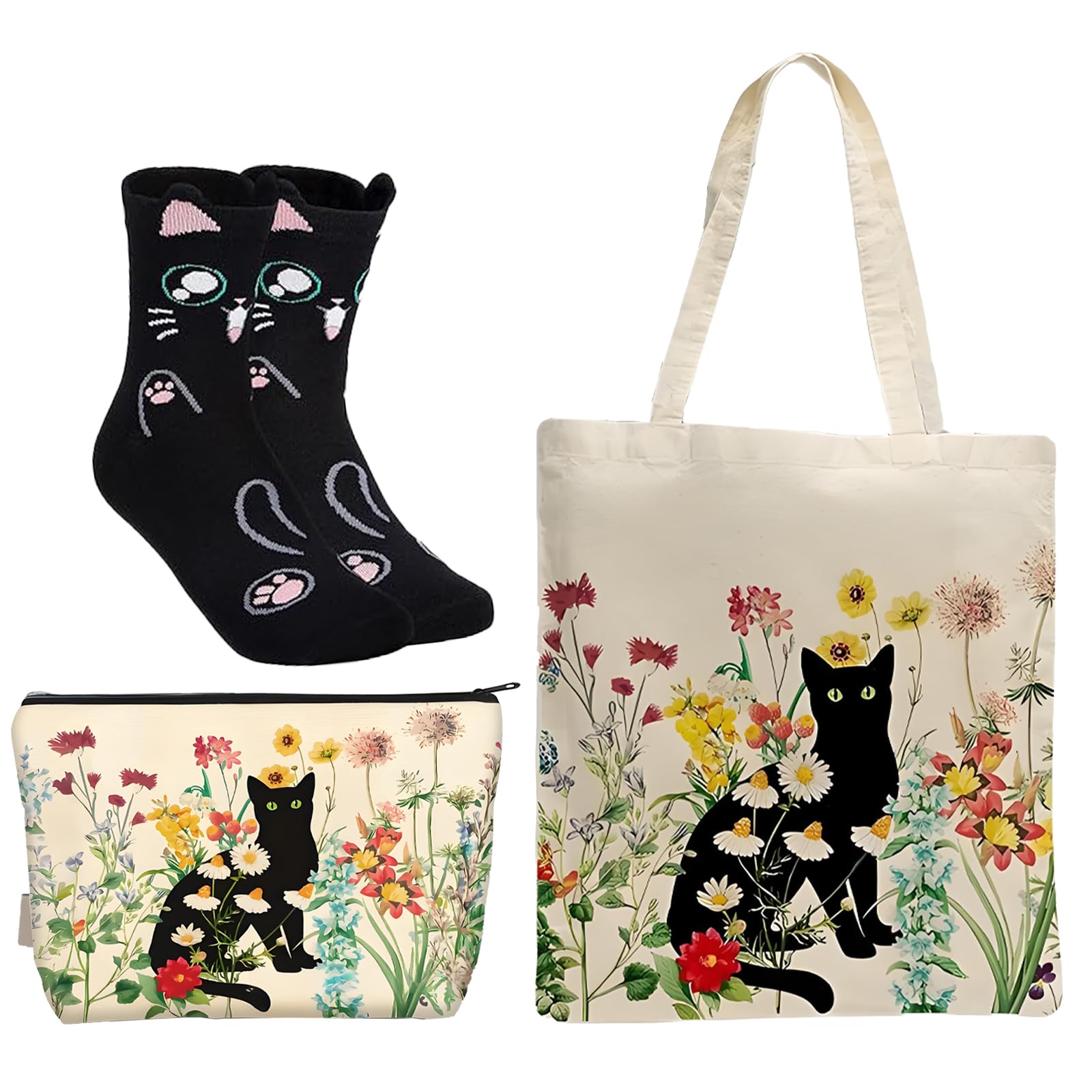 iuiiaii 3 PCS Black Cat Gifts for Women Set, Cute Canvas Tote Bag Novelty Black Cats Gifts for Cats Lovers, Cat Socks Women Gift to Daily Life Travel Shopping and Outings