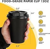 Vista 2 de RACETOP Tazas de café de papel de 12 onzas, paquete de 100 tazas de café desechables negras con tapas, tazas de papel caliente con tapas, taza