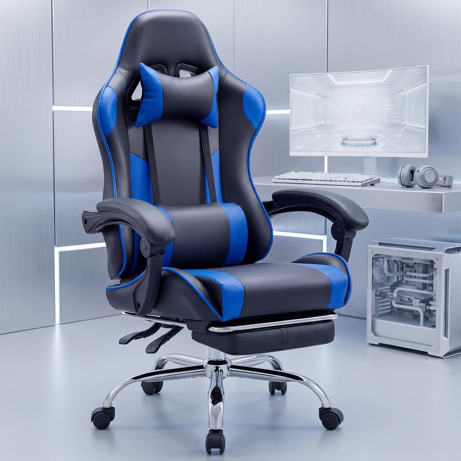 High Back Ergonomic Gaming Chair for Adults, PU Leather Computer Desk Seat with Adjustable Headrest and Footrest, Linkage Armrests, 360° Swivel, Height Adjustable, Blue