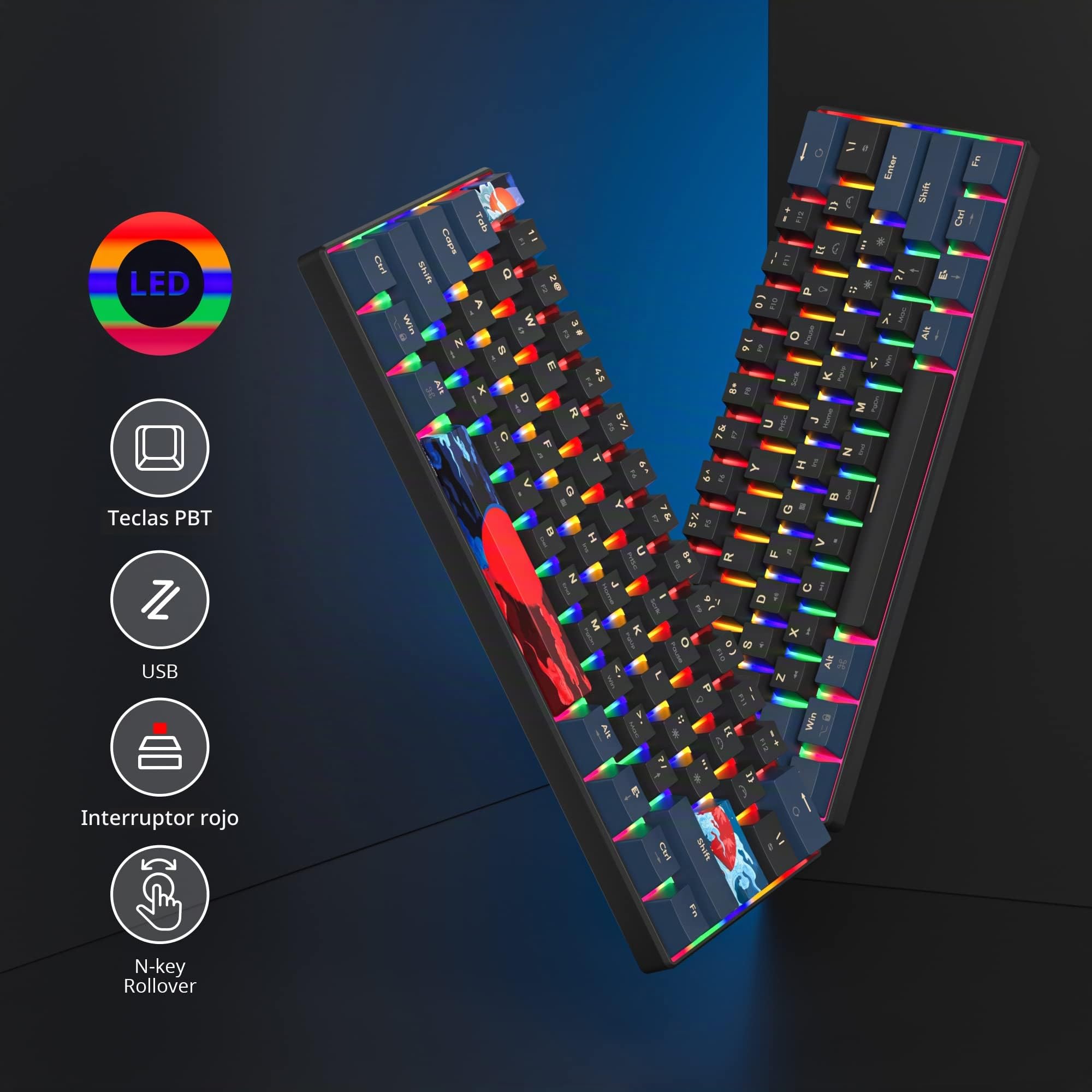 SOLIDEE 60% Teclado mecánico para Juegos,61 Teclas con Interruptor Rojo,Teclado mecánico con Cable con retroiluminación LED,Teclado ergonómico Compacto,para PS5/PS4/Xbox(61 Blue Samurai(B))