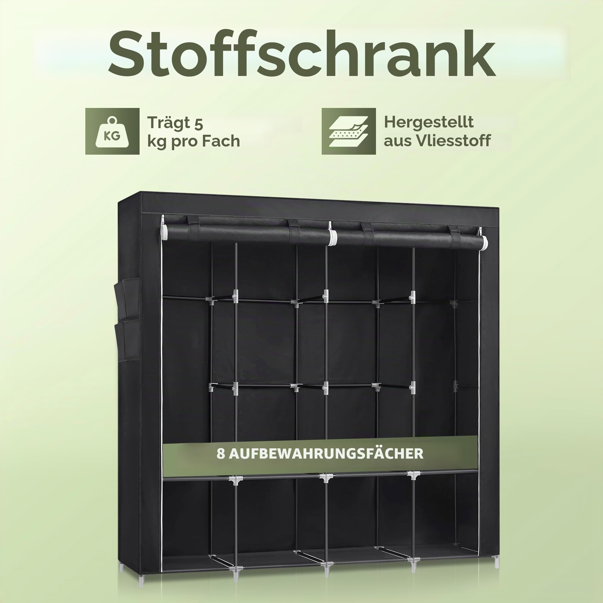 JUPPLIES Stoffkleiderschrank 45x150x175 cm – Faltbarer Kleiderschrank mit Kleiderstange, Regalen und Seitentaschen – Stoffschrank für Schlafzimmer, Leicht & Stabil