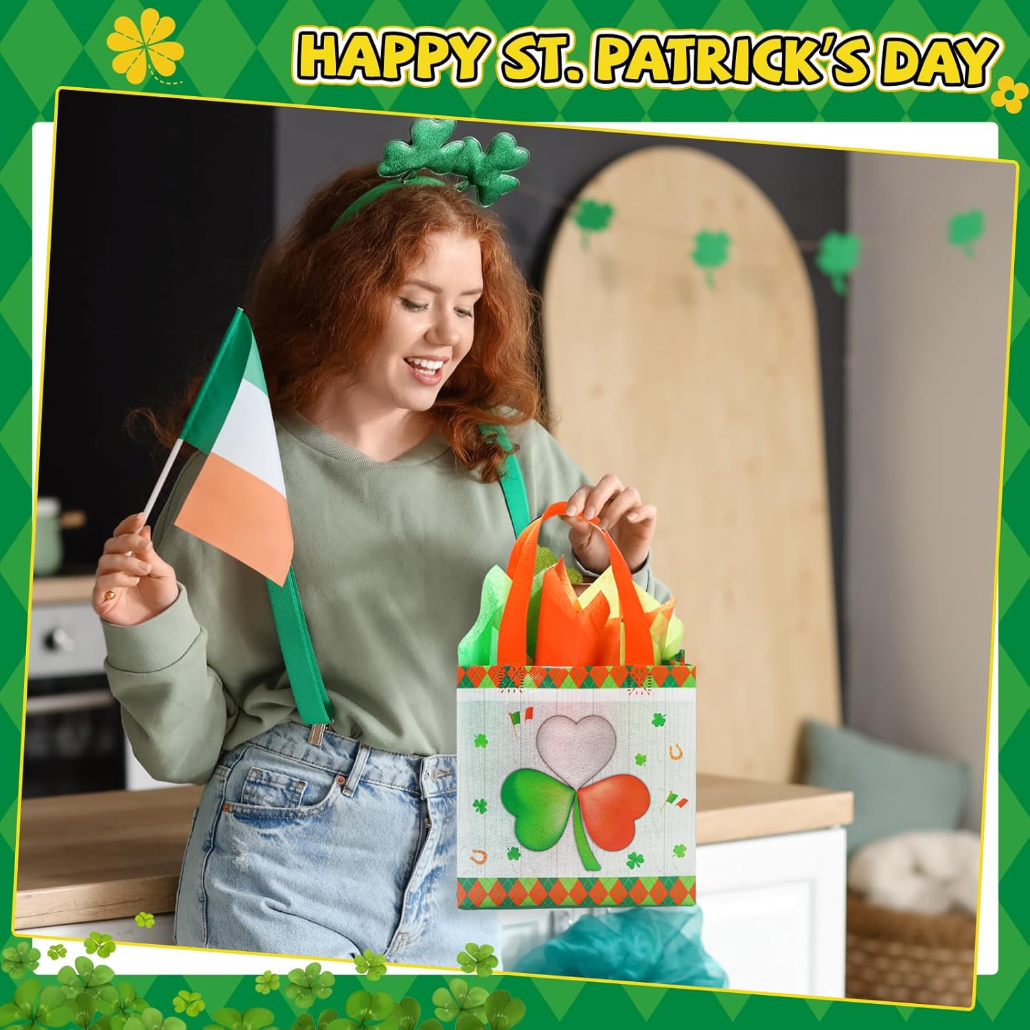 Wesnoy 30 Pack Reusable St. Patrick's Day Gift Bags Non Woven Tote Bulk with Handles Goodie Shopping Bags with Tissue Paper for Party Favors