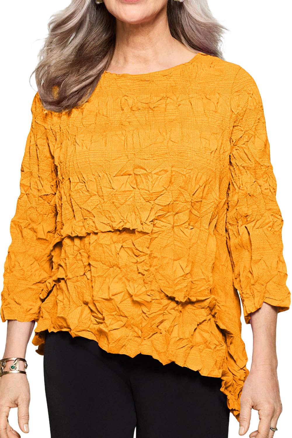 Women's Crinkle 3/4 Sleeve Top High Low Tunic Top