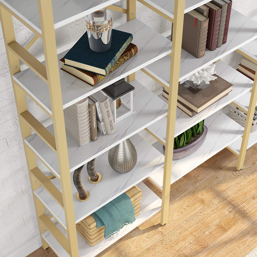 Tribesigns Triple Wide 5Shelf Bookcase, 5 Tier Etagere Large Open Bookshelf Faux White Marble
