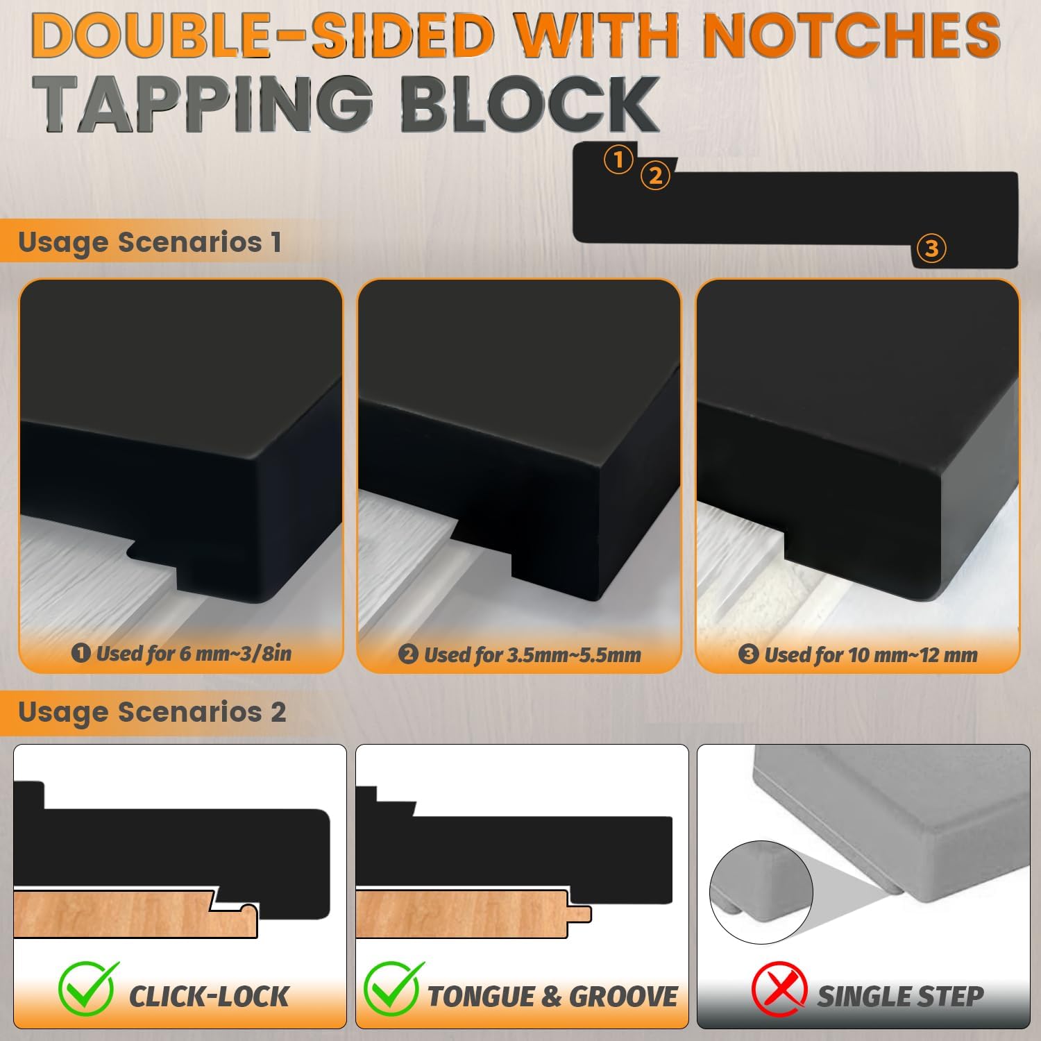 Zozen Herramientas laminadas/bastidores de vinilo,pisos de madera de vinilo golpeando bloques con-doble cara con ranuras, palancas, 40 almohadillas de suelo, martillo de goma. Kit de montaje de suelo.