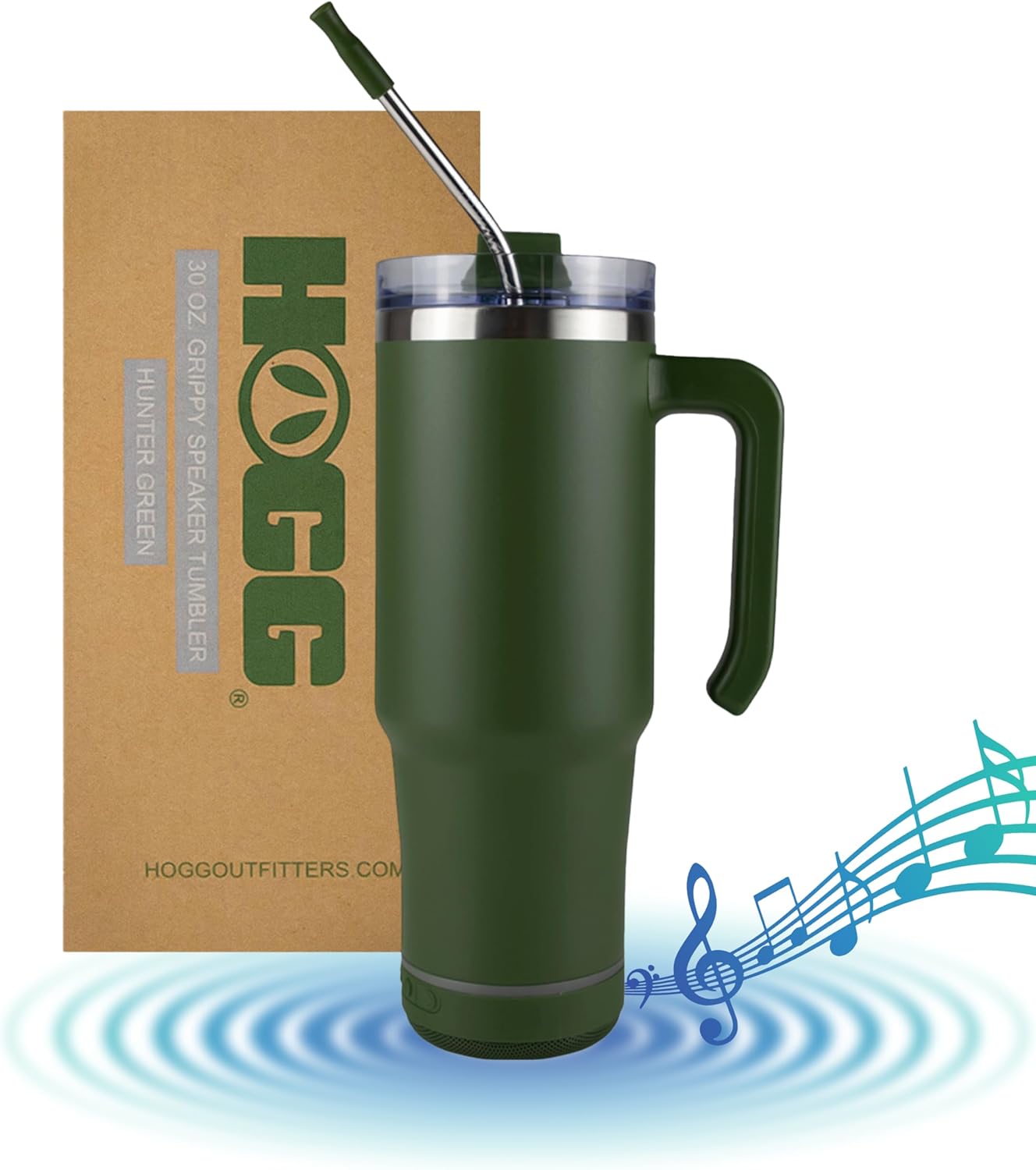Hogg Bluetooth Tumbler 30 oz Grippy - Hunter Green, Bluetooth Speaker Cup, 30 oz Stainless Steel Tumbler with Handle, Green Cup with Speaker, Insulated Water Bottle, Gifts for Music Lovers