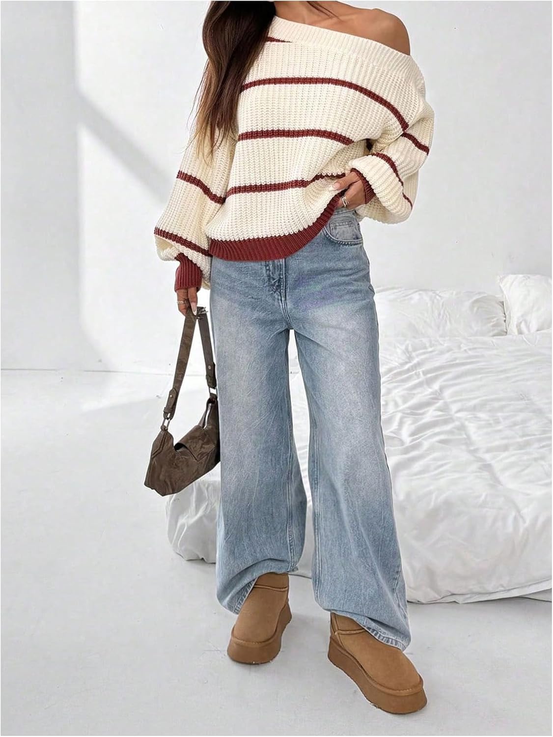 Verdusa Women's Oversized Off The Shoulder Sweater Chunky Knit Striped Long Sleeve Pullover Tops Fall Clothes - Image 7