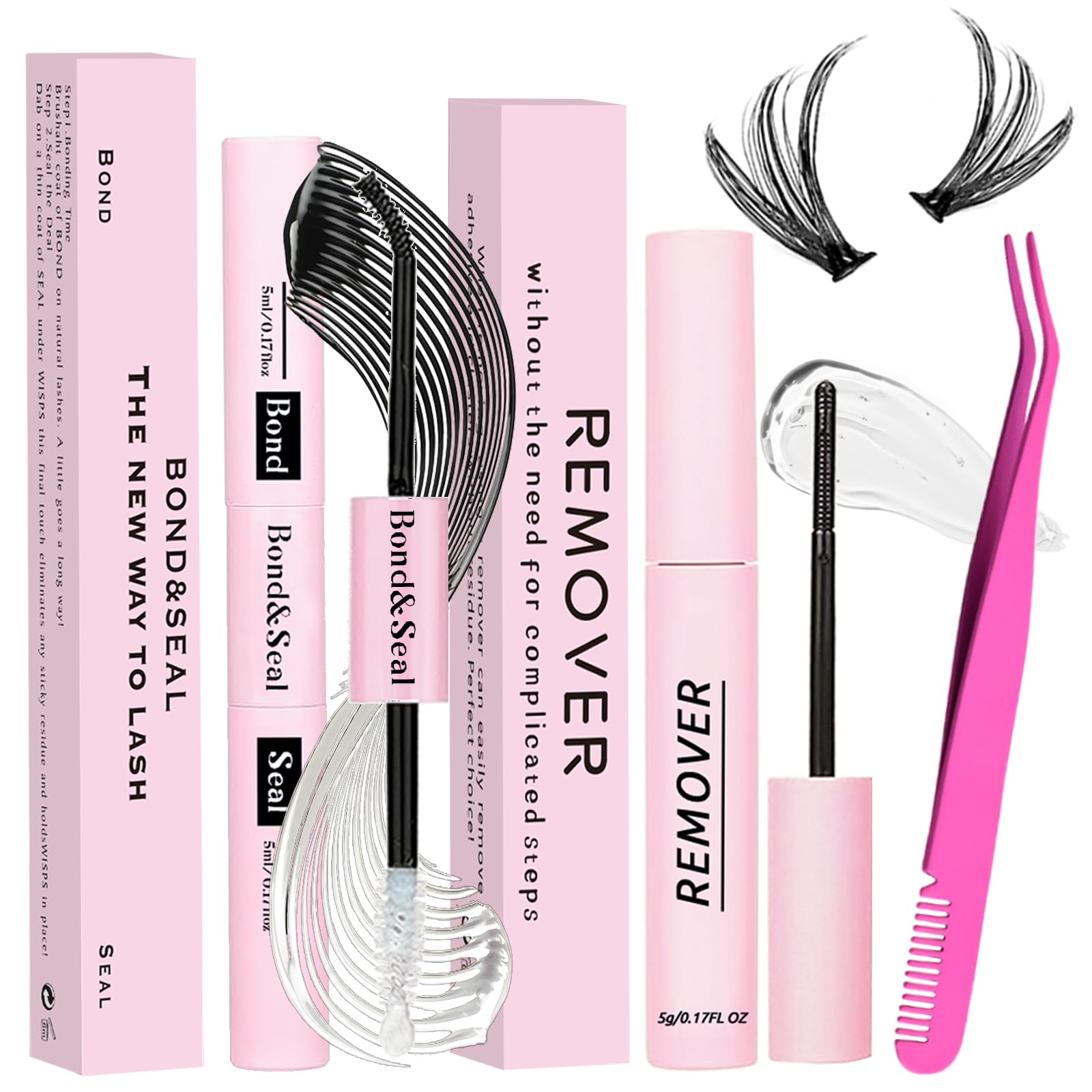Lash Bond e Seal Kit 3Pcs DIY Lash Extension con Impermeabile Lashe Cluster Glue 72h Hold and Seal Lash Remover Pinzette per le Estensioni delle Ciglia Principianti Self Use a Casa